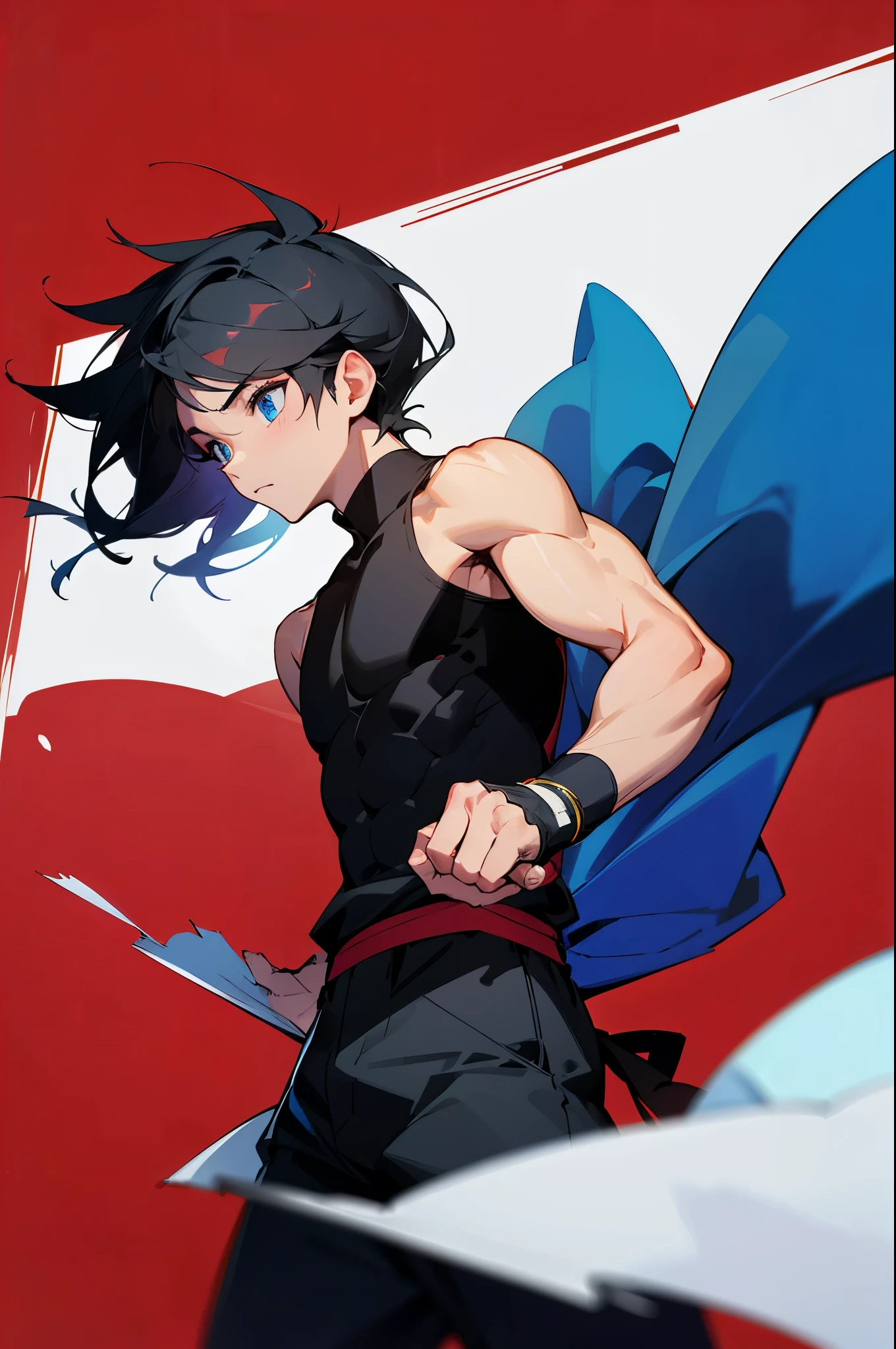 young boy,blue eyes, black hair, red background, black sleeveless shirt, wrapped up hands, blue baggy pants, muscular,
