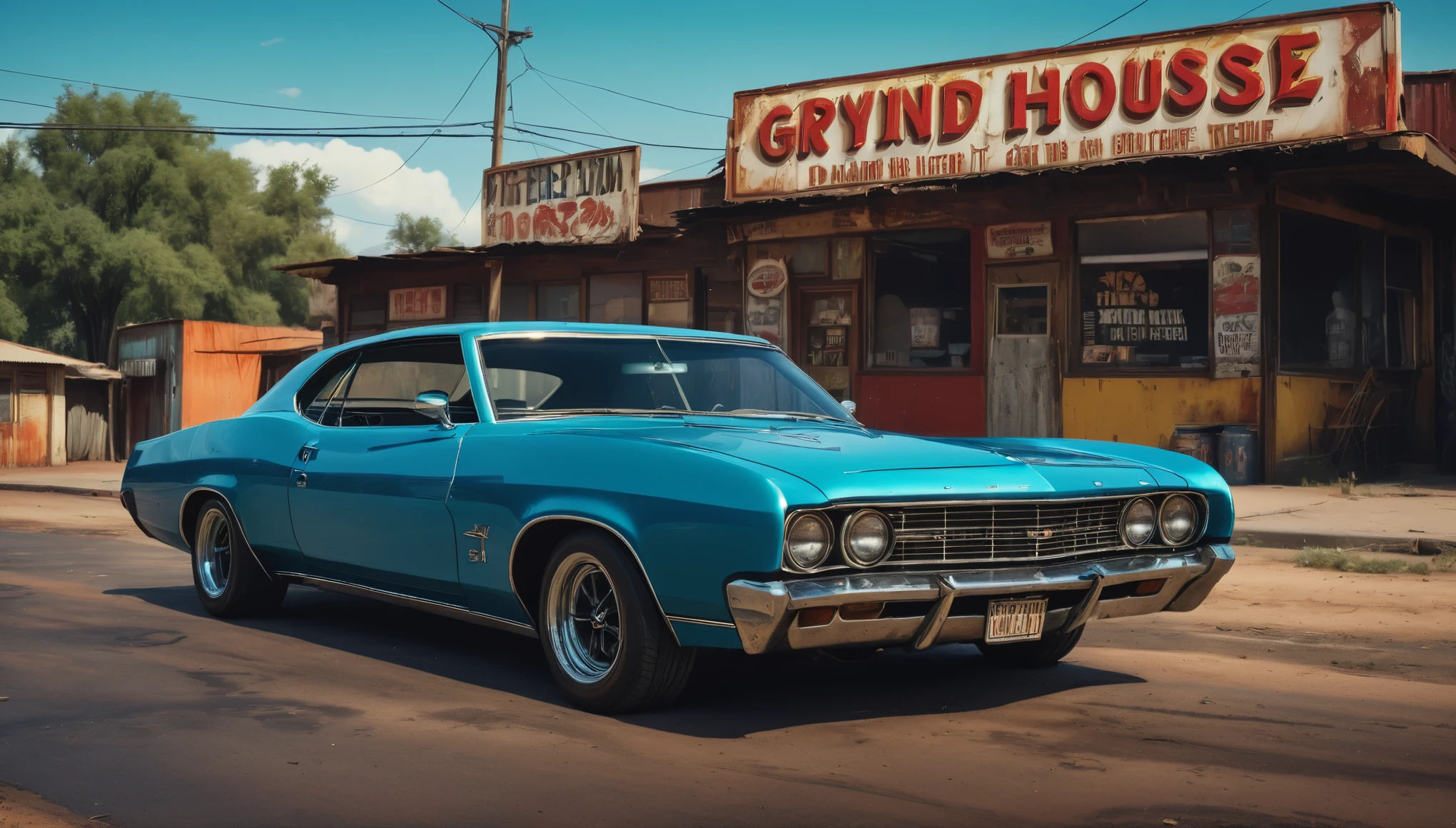 create an image demonstrating the style of ((Grindhouse)) style, hyper realism, 8k high definition, vibrant colors, sharp focus, insanely detailed