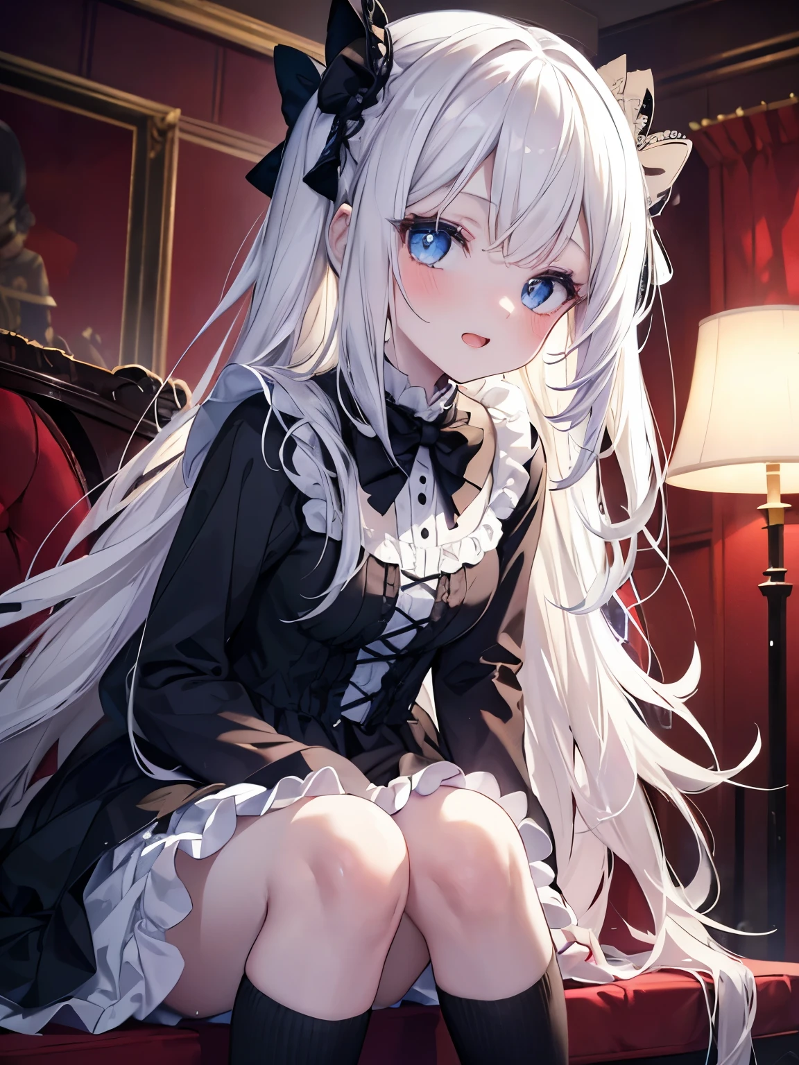 masutepiece, Highest Quality, (Perfect face:1.1), (high detailing:1.1), (ultradetailed eyes), Dramatic, superfine illustration, Extremely detailed, 1girl in, ager,(pale skin), long white hair, Ethereal eyes, Blue eyes,blush,Solo,Smile, Happy, Laugh, Enjoy, Open mouth, Pouty lips,Cinematic lighting,upper body,looking up, leaning forward,Long sleeve, Gothic lolifrilld, bow ribbon,knee high socks,indoor,night