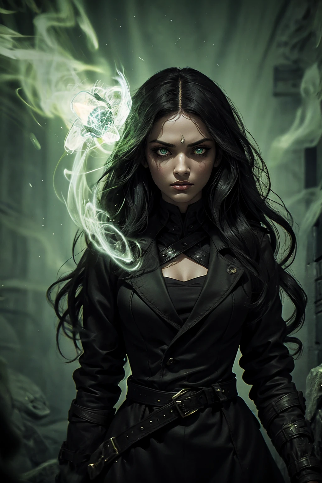 A stunning Indian beauty, with bright green eyes, standing in swirling black smoke, with dark brown-black long wavy hair, mesmerizing features with a scary expression, finely detailed eyes, angry mood masterpiece, top quality, best quality, official art, beautiful and aesthetic:1.2), (1girl), extreme detailed,(fractal art:1.3), colorful, highest detailed, (masterpiece, best quality:1.3) 1 bright-green-eyed woman, professional digital painting, Unreal Engine 5. Wearing a black-buttoned-up military-trench coat. Scary void dripping from body and face black magic swirling around. Arms up casting black magic from fingertips. Black smoke swirled around her. Holding a rapier. Purple-tinted background.
