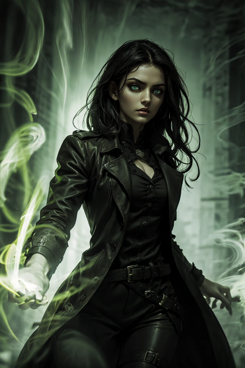 A stunning Indian beauty, with bright green eyes, standing in swirling black smoke, with dark brown-black long wavy hair, mesmerizing features with a scary expression, finely detailed eyes, angry mood masterpiece, top quality, best quality, official art, beautiful and aesthetic:1.2), (1girl), extreme detailed,(fractal art:1.3), colorful, highest detailed, (masterpiece, best quality:1.3) 1 bright-green-eyed woman, professional digital painting, Unreal Engine 5. Wearing a black-buttoned-up military-trench coat. Scary void dripping from body and face black magic swirling around. Arms up casting black magic from fingertips. Black smoke swirled around her. Holding a rapier. Purple-tinted background.
