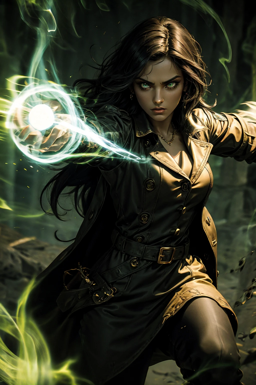 A stunning Indian beauty, with bright green eyes, standing in swirling black smoke, with dark brown-black long wavy hair, mesmerizing features with a scary expression, finely detailed eyes, angry mood masterpiece, top quality, best quality, official art, beautiful and aesthetic:1.2), (1girl), extreme detailed,(fractal art:1.3), colorful, highest detailed, (masterpiece, best quality:1.3) 1 bright-green-eyed woman, professional digital painting, Unreal Engine 5. Wearing a black-buttoned-up military-trench coat. Scary void dripping from body and face black magic swirling around. Arms up casting black magic from fingertips. Black smoke swirled around her. Holding a rapier. Purple-tinted background.
