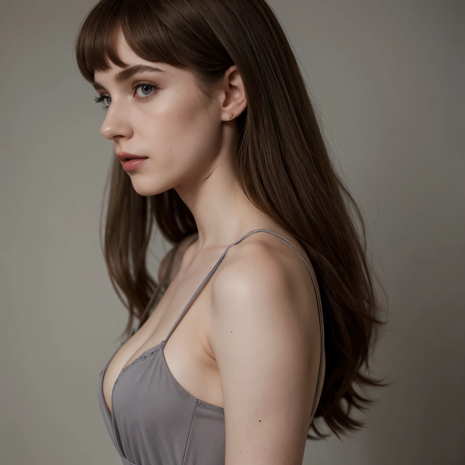Sophia Lillis, slender woman, long straight hair, photograph quality, eyeshadow and lipstick, cleavage, form fitting grey dress, from behind