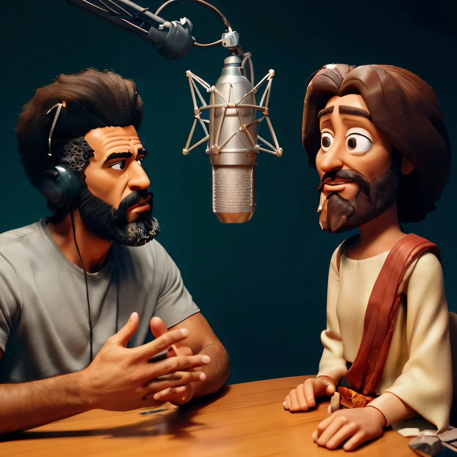 arafed man and woman sitting at a table with a microphone, animated still, gigachad jesus, joseph and joseph, animated film, black jesus, nicodemus, animated film still, listening to godly music, promotional art, calmly conversing 8k, animated episode still, in claymation, animation still, promo image, toy commercial photo