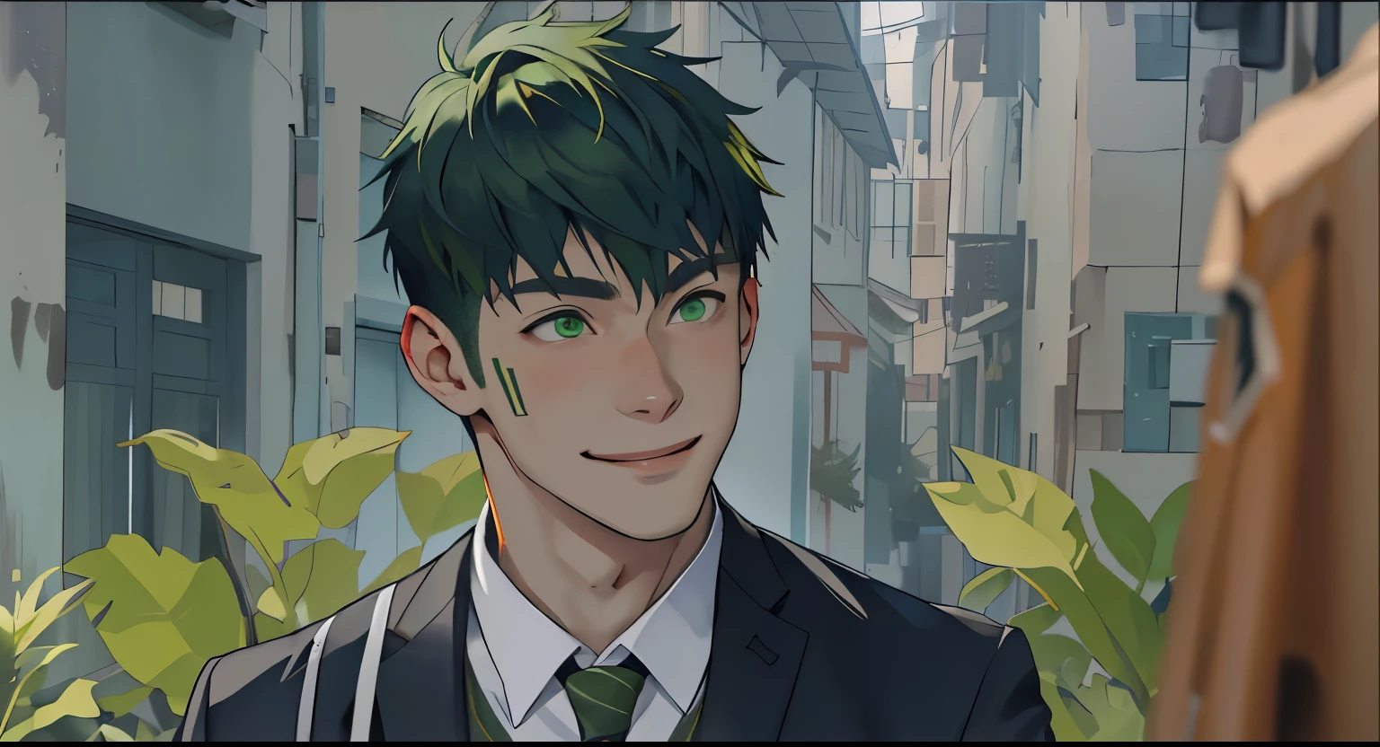 He is amazed and smiles with embarrassment. There is a handsome -yeld boith white skin, green hair, green eyes. 