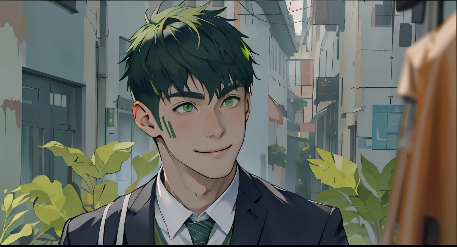 He is amazed and smiles with embarrassment. There is a handsome 16-year-old boy with white skin, green hair, green eyes. 