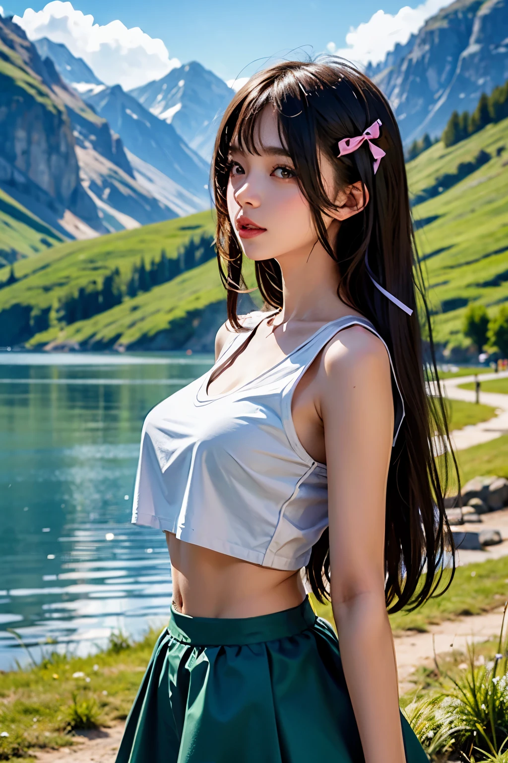 European face, Straight straight hair, hair bang, ribbon hair pin, ideal tits, cropped t-shirts, stomach skirt, mountain grass lake background, Shoot chest focus, side view