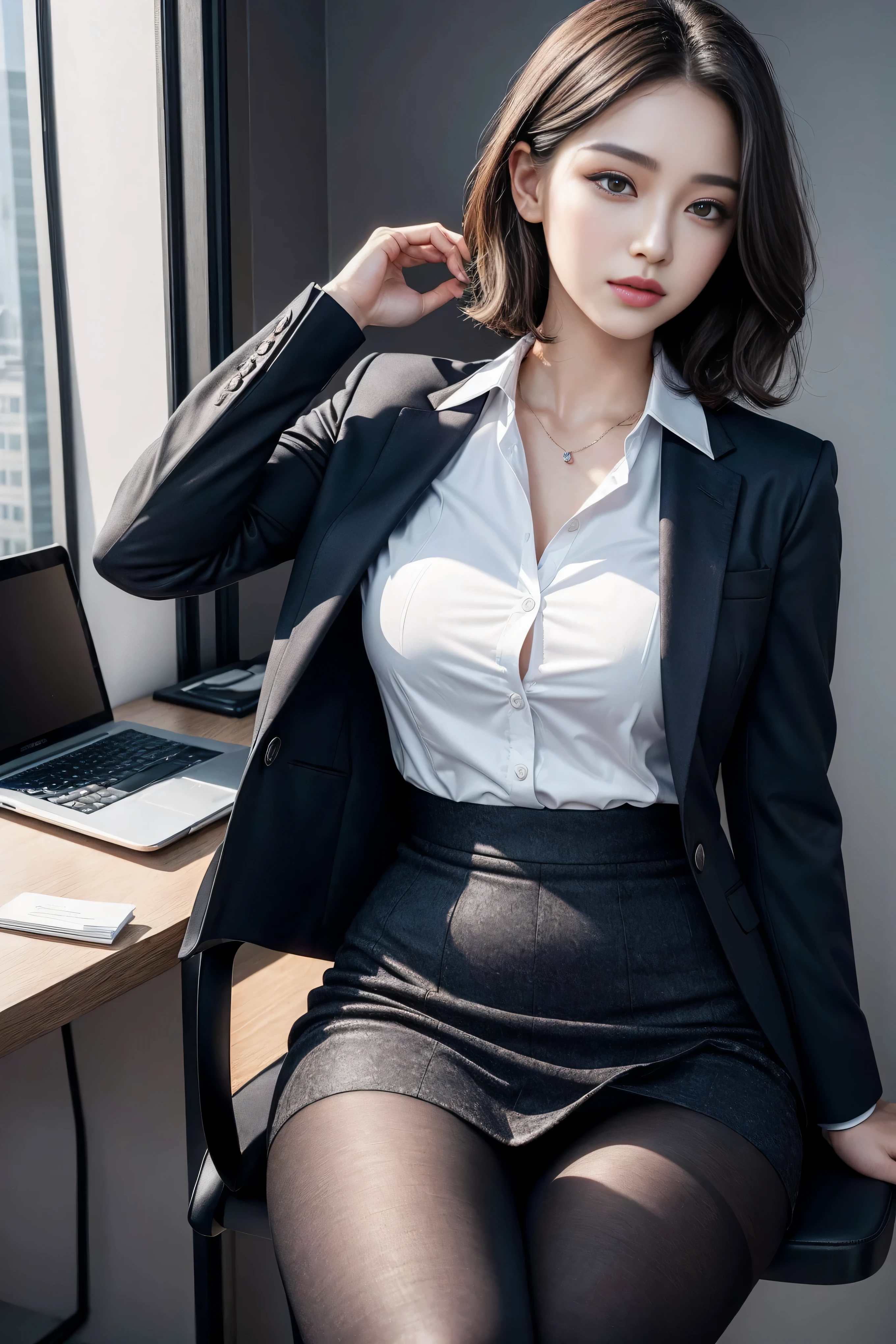 best quality, full body portrait, face is :9,1714884241], Elegant upper class elite secretary wearing business shirt, sit on the chair，working in office、Wearing a smart business suit, (wear pantyhose)、(short hair layered)、legs crossed, Wear high-end high heels、 (and skirt), girl wearing shirt, wearing a suit, wearing a suit, wearing a suit, merchant, Professional attire, wearing black suit, 穿衬衫and skirt, woman in suit, Professional attire, business attire, original photo, (8k、top quality、masterpiece:1.2)、(intricate details:1.4)、(realism:1.4)、Octane number renderings、Complex 3D renderings with ultra-details, Studio soft light, Edge light, Vibrant details, Super details, Realistic skin texture, Detailed production, beautiful and delicate eyes, Very detailed CG Unity 16k wallpaper, Makeup - Makeup, (Detailed background:1.2), Bare thighs!!!,