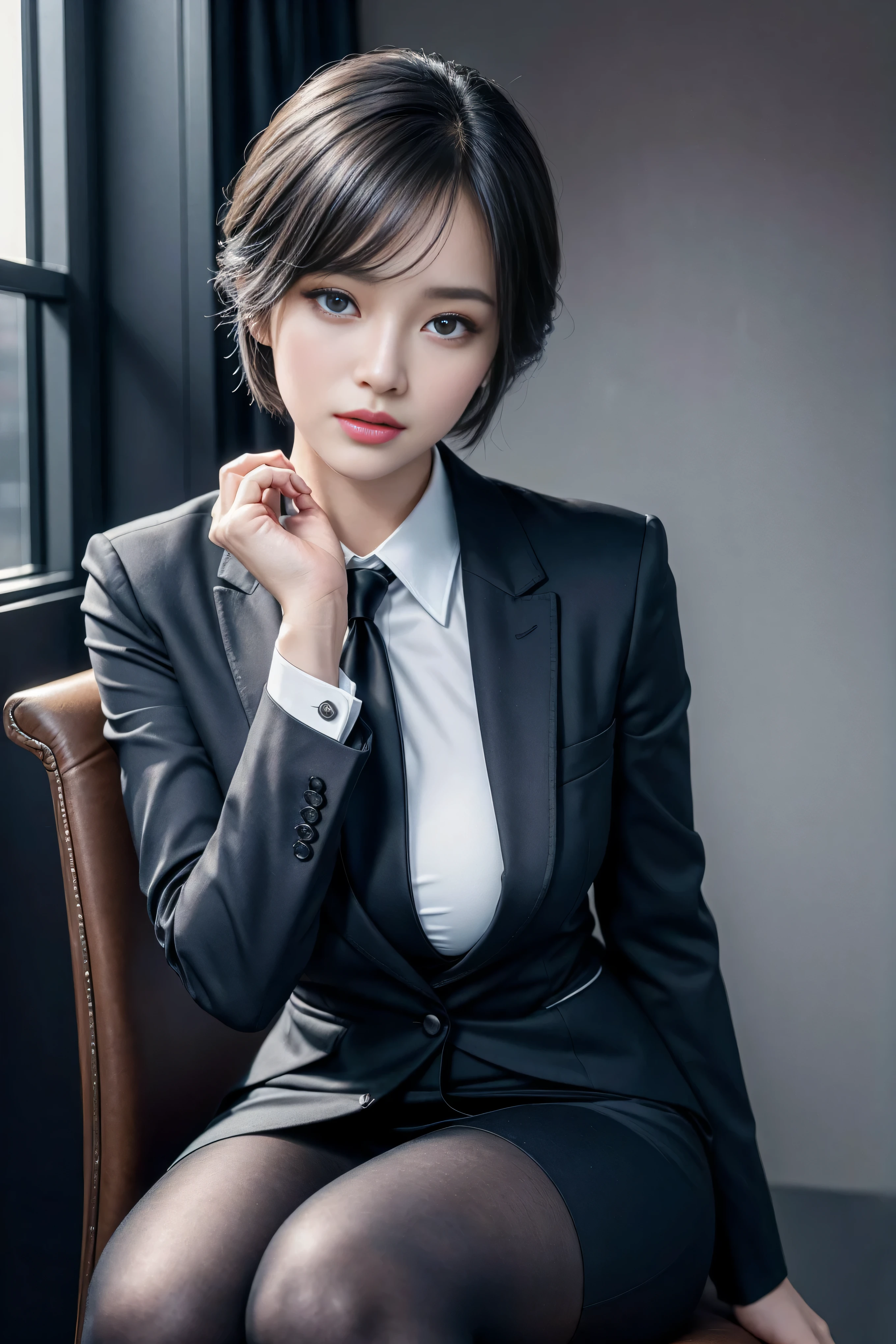 face is :9,1714884241], High-end elite secretary in a business shirt, Work in an office chair、Wearing a strict business suit, (Wearing pantyhose)、(Short Layer Hair)、crossed legs, Wear high-quality heels、 (thighhighs and skirt), Girl in a shirt, Wearing a business suit, Wearing a business suit, in a business suit, businesswoman, business outfit, wearing black business suit, Wear shirts and skirts., Woman in business suit, business outfit, business outfit, Raw foto, (8K、top-quality、​masterpiece:1.2)、(delicate detail:1.4)、(Photorealsitic:1.4)、octan render、Complex 3D Rendering, ultra-detailliert, Studio Soft Light (Studio Soft Light) (Studio Soft Light (Studio Soft Light)), Rim Light, vibrant detail, super detailing, realistic skin textures, Detail Face, Beautiful detail eyes, Highly detailed CG Unity 16k wallpaper, Makeup-, (Detailed background:1.2), Exposed thighs!!!,