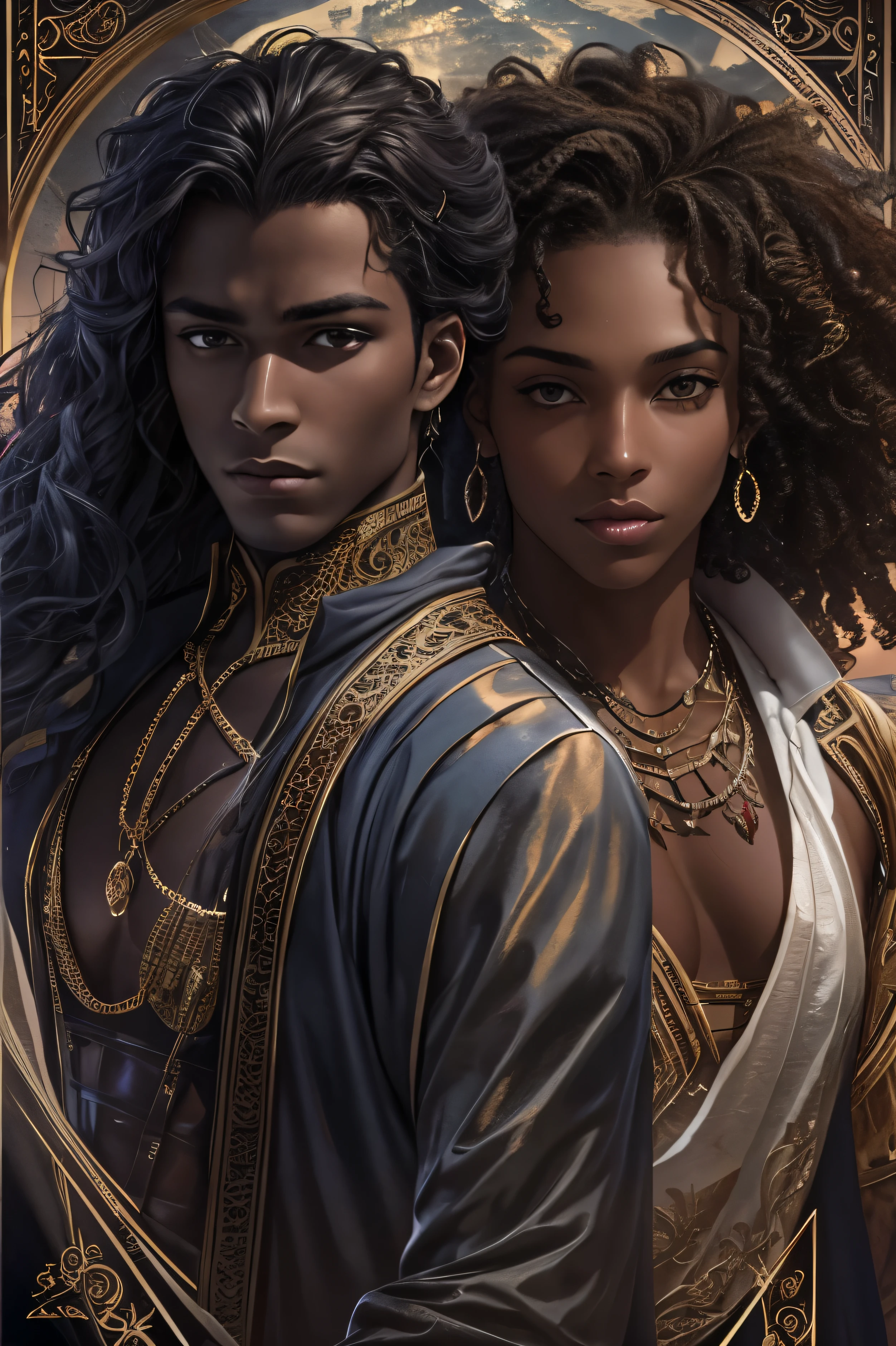 Je veux que tu me fasses une couverture pour un roman Fantasy darkromance, ces deux personnages sont noirs de peau, Peau sombre, ils ont jeunes, ils sont des rois. The boy is dark skin, with curly mid-length hair, the girl has long curly hair. They are beautiful.
Couverture d&#39;un livre de fantasy darkromance, a dark-skinned young man and a dark-skinned young woman, beautiful, curly hair. The book is about royalty, politique, guerre, celestial realm, le pouvoir et les anges.