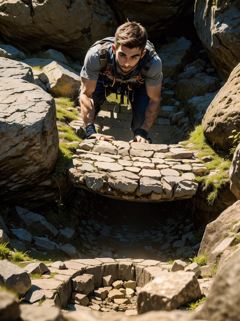 Caving,{young man, climber, climbing ((climbing:1.3)), ((a narrow pit:1.3)), ((tight:1.3)), ((little space:1.3)),(( full of rocks difficult scaling:1.3)), on the edges you can see dirt and rocks:1.5), ((Best quality)), ((Masterpiece)), (very detailed:1.3)}, 3D, beautiful, (Realistic, photorealistic: 1.37), (8k, RAW Photos, Top Quality, Masterpiece: 1.2), 32k