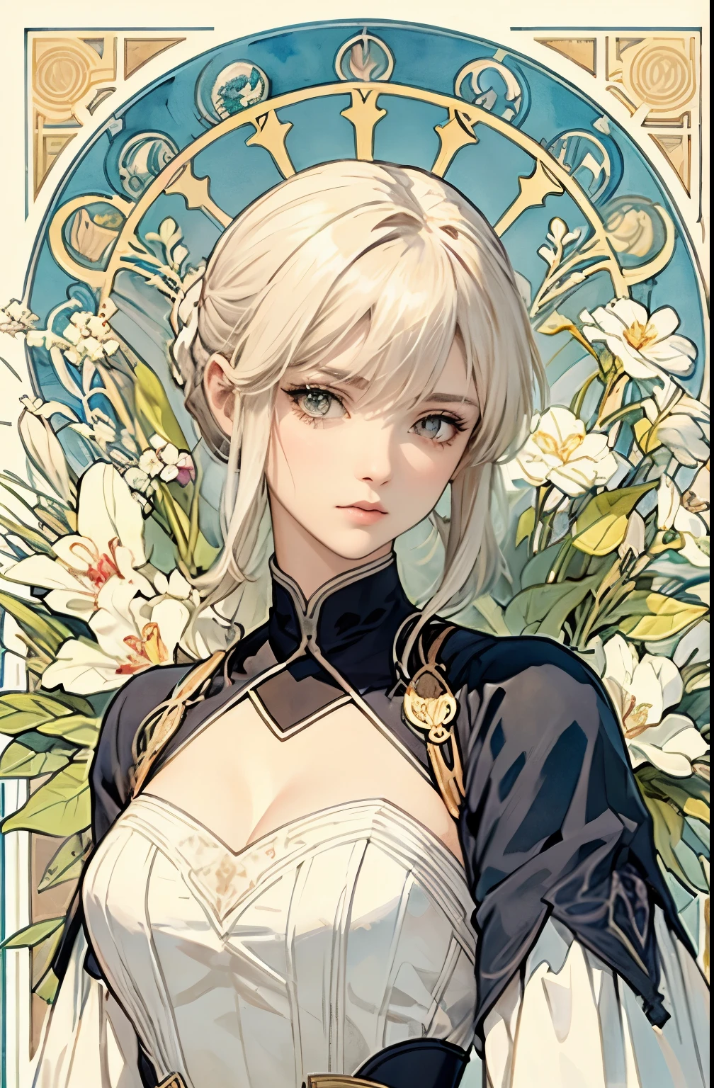 ((master piece)), (best quality), (cinematic),  art nouveau watercolor , Floral_background, Intricate designs and patterns in the style of Alphonse Mucha，Artoria Pendragon，Fate/stay night