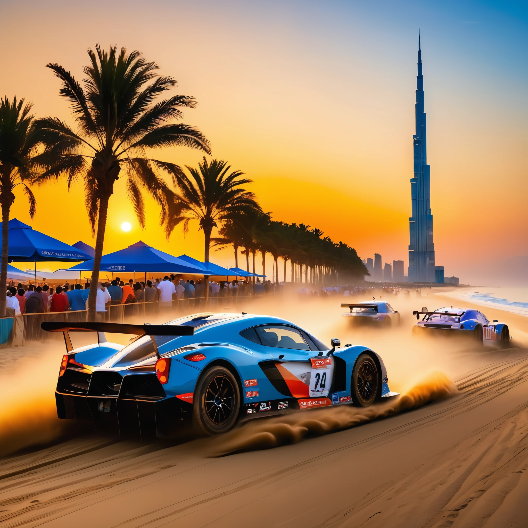 beach racing ，sunset，golden light，The beach is crowded with tourists，They enjoy under colorful umbrellas，watch racing events，Racing design fashion，aerodynamics，Huge air intake，Curvy，Speeding on the sand，kicking up dust and grit，The roar of engines and squealing tires echoed throughout the venue，The perfect blend of speed and passion，It's like you're in it，Experience this level of speed feast，Burj Khalifa in the background、The natural beauty of Cuba and the rugged landscape of Iceland，global experience，Art work，high quality，4k，Role、The lighting and environments are very detailed。
