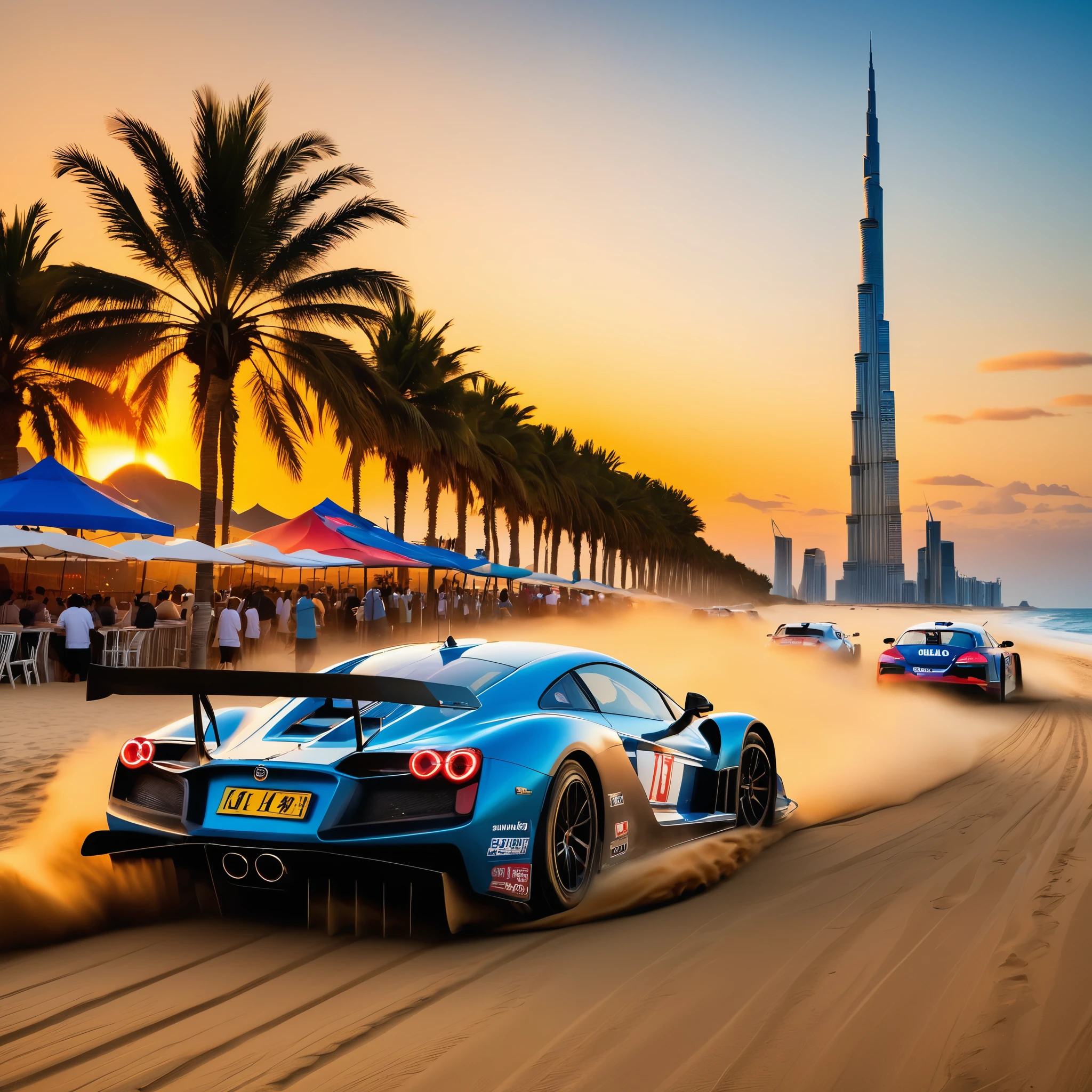 beach racing ，sunset，golden light，The beach is crowded with tourists，They enjoy under colorful umbrellas，watch racing events，Racing design fashion，aerodynamics，Huge air intake，Curvy，Speeding on the sand，kicking up dust and grit，The roar of engines and squealing tires echoed throughout the venue，The perfect blend of speed and passion，It's like you're in it，Experience this level of speed feast，Burj Khalifa in the background、The natural beauty of Cuba and the rugged landscape of Iceland，global experience，Art work，high quality，4k，Role、The lighting and environments are very detailed。
