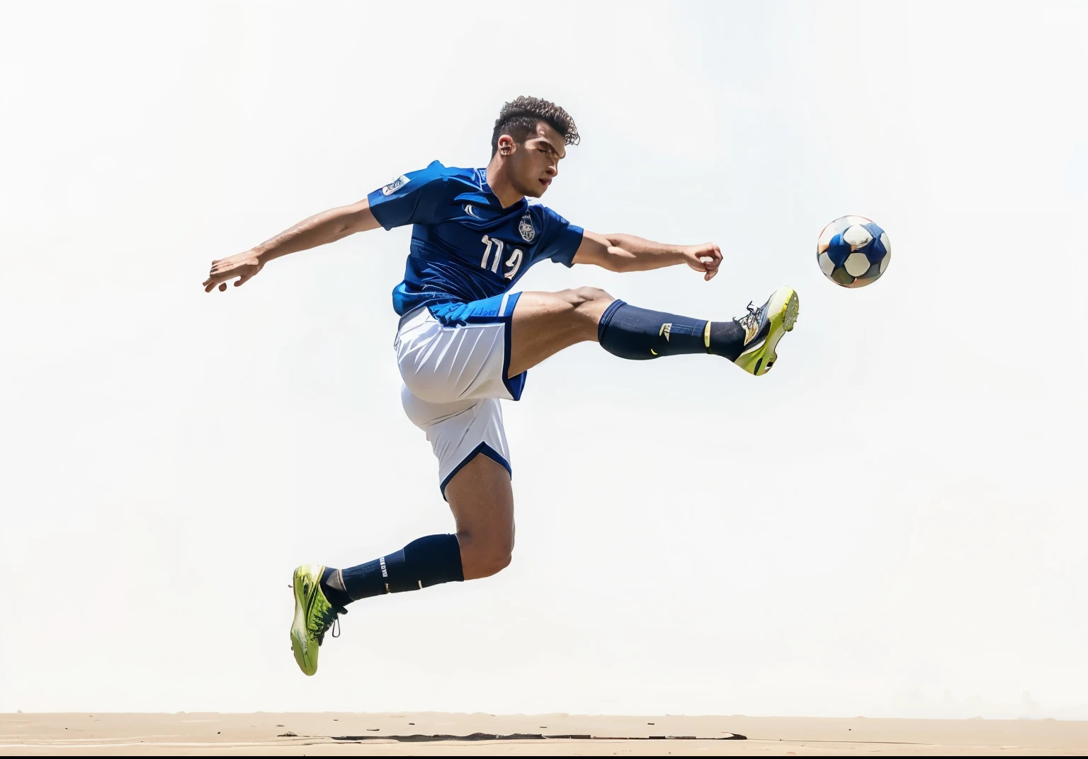 Um jogador de futebol chutanto uma bola no ar com fundo brando