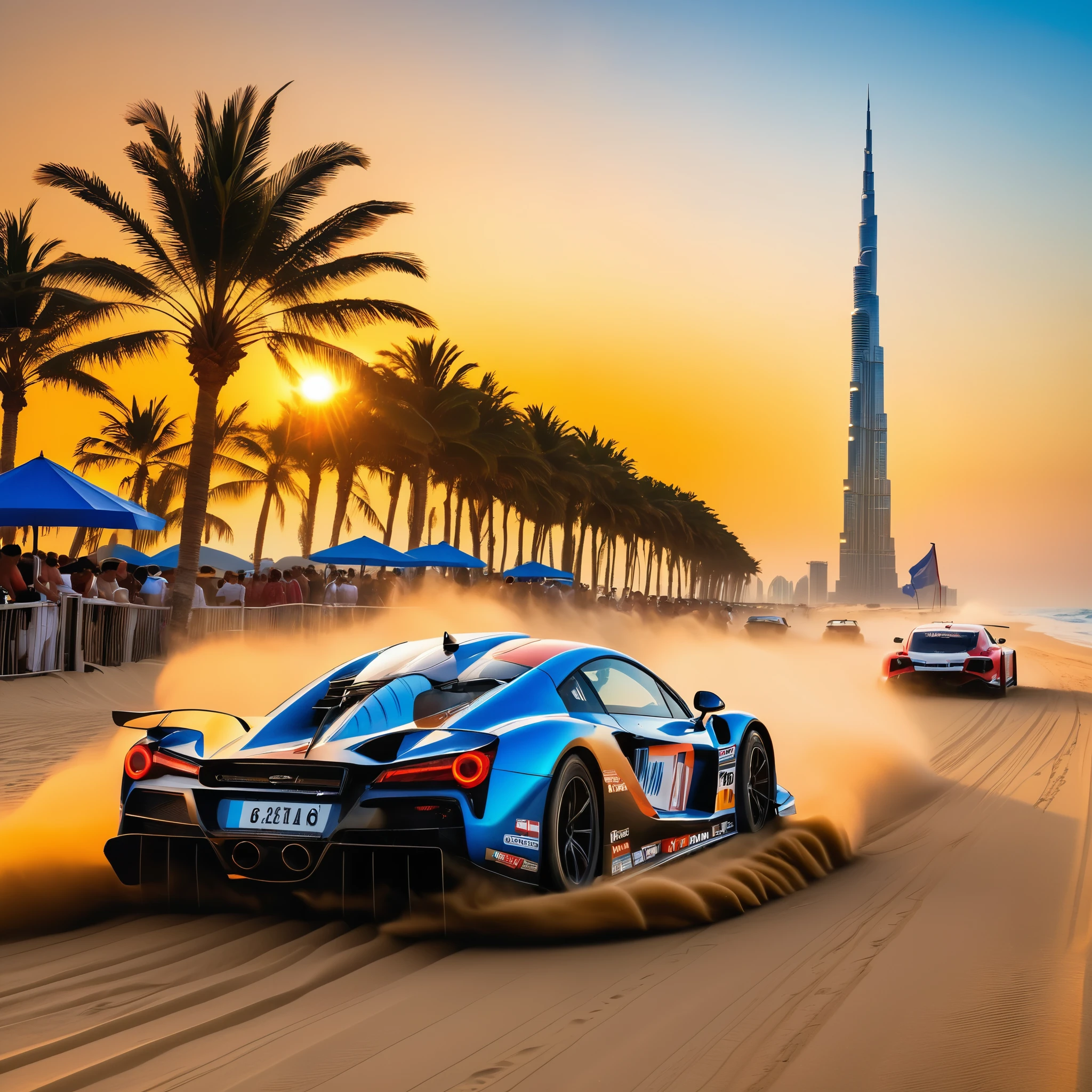 beach racing ,sunset,golden light,The beach is crowded with tourists,They enjoy under colorful umbrellas,watch racing events,Racing design fashion,aerodynamics,Huge air intake,Curvy,Speeding on the sand,kicking up dust and grit,The roar of engines and squealing tires echoed throughout the venue,The perfect blend of speed and passion,It's like you're in it,Experience this level of speed feast,Burj Khalifa in the background、The natural beauty of Cuba and the rugged landscape of Iceland,global experience,Art work,high quality,4k,Role、The lighting and environments are very detailed。