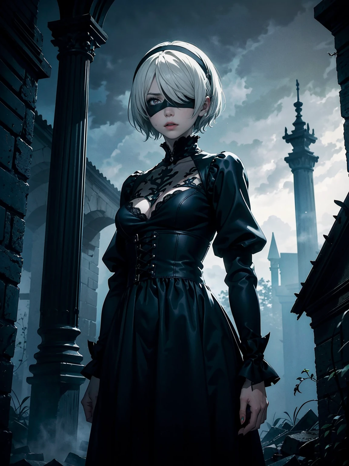 ((1girl, solo ,alone, (2B, 1girl, solo, short hair,((serious expression, austere)), long sleeves, medium breasts, standing, white hair, hairband, short hair, mole, blindfold, black blindfold, masterpiece))), ((close, solo, 1woman, pink lipstick, Extremely detailed, ambient soft lighting, 4k, perfect, a perfect face, perfect lighting, a 1girl)), (shy, highest quality, masterpiece:1.2), High-definition RAW color photo, Professional, cinematic light, gothic aesthetics, horror, eerie atmosphere, dark shadow, unforgettably beautiful, creepy landscape, gothic architecture, eerie atmosphere, decaying ruins, foggy fog, dramatic lighting, dark color, creepy details, (creepy and beautiful woman, Flowing Black Dress, ghost-like presence, gothic fashion, lace and velvet, skin, dark red dress and vclack), eerie storm clouds, Moonlight night, supernatural being, eerie shadow, gothic charm, romantic rose in a dark corner, Bright red roses, creeping vine, dripping candle, Secret Whispers、delicate carvings, Ancient curses, thunder and lightning, creepy fog and crows, medieval atmosphere, spiderweb, gorgeous chandelier、Gargoyle - decorated roof, bleeding statue, sublime beauty, gothic aesthetic