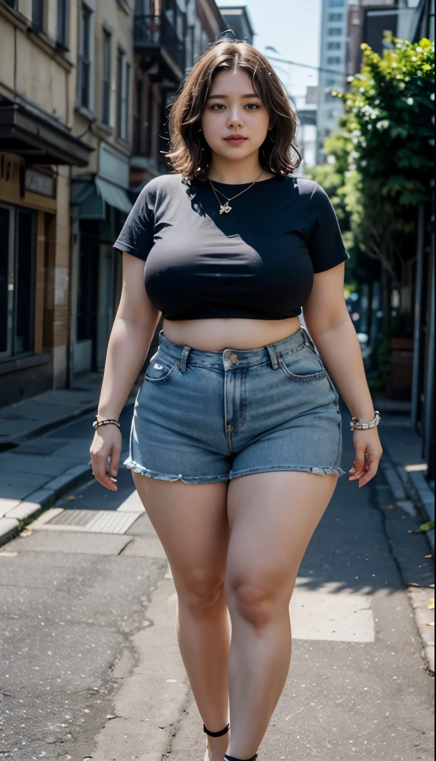 ((best quality)), ((masterpiece)), (detailed), perfect face, araffe woman in a long dark-blue shirt and blue denim skirt walking down a street, thicc, wavy short hair , she has a jiggly fat round belly, bbwchan, wearing tight simple clothes, skinny waist and thick hips, widest hips, her belly is fat and round, soft curvy shape, hyperrealistic full figure, wearing a cute top, wide hips, wearing 10 bracelet , wearing huge diamond necklace