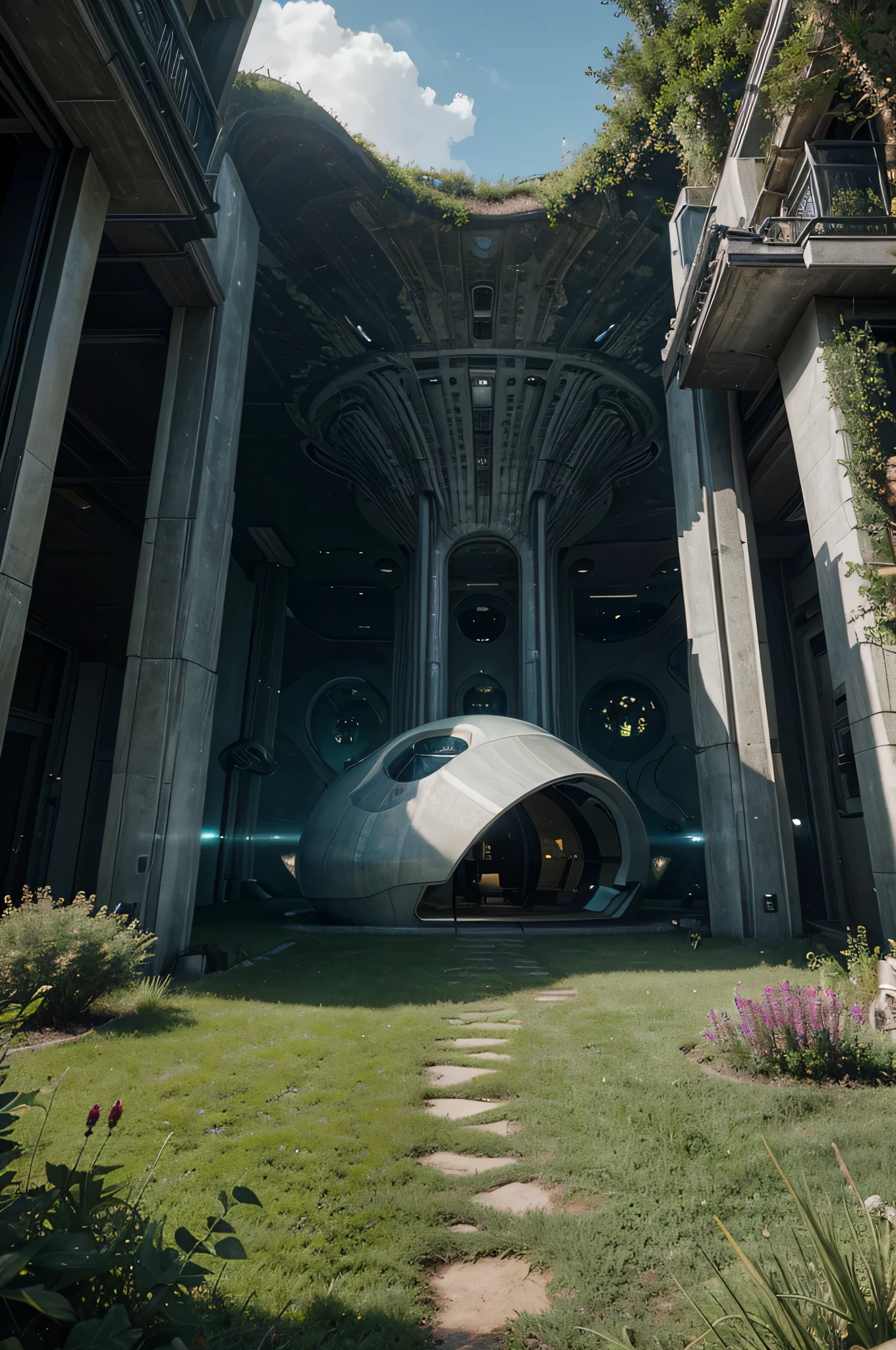 Create a high-resolution, photorealistic image of a sci-fi-inspired house nestled within an otherworldly landscape, complete with futuristic architecture and alien flora.