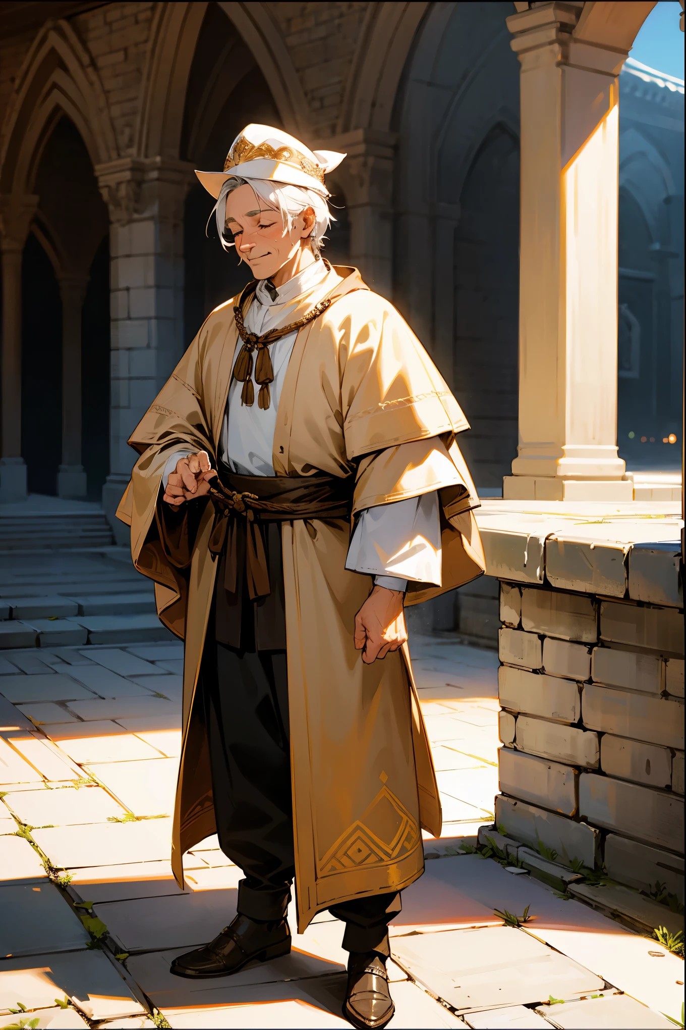 1male, old, age lines, white hair, old hat, short, medieval clothing, guild hall background, detailed background, happy expression, closed eyes, standing on path