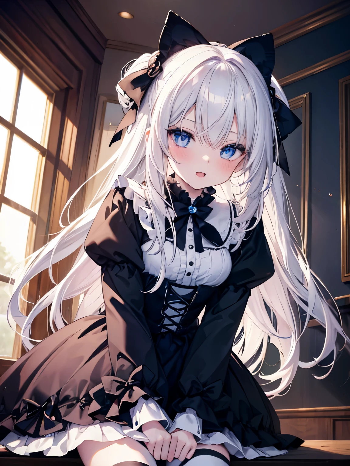 masutepiece, Highest Quality, (Perfect face:1.1), (high detailing:1.1), (ultradetailed eyes), Dramatic, superfine illustration, Extremely detailed, 1girl in, teenager,(pale skin), long white hair, Ethereal eyes, Blue eyes,blush,Solo,Smile, Happy, Laugh, Enjoy, Open mouth, Pouty lips,Cinematic lighting,upper body,looking up, leaning forward,Long sleeve, Gothic ****ta, frilld, bow ribbon,knee high socks,indoor,night