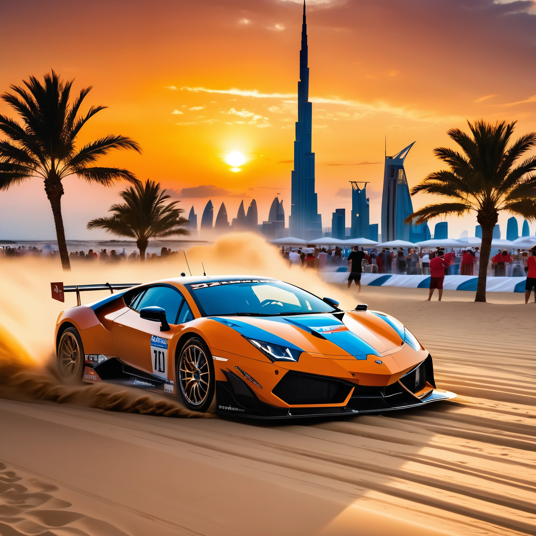 beach racing ，sunset，Golden light enveloped the entire venue，The beach is crowded with tourists，They enjoy time under colorful umbrellas，Watch high-speed cars speed by，Racing design fashion，aerodynamics，Huge air intake，Curvy，Speeding on the sand，kicking up dust and grit，The roar of engines and squealing tires echoed throughout the venue，The perfect blend of speed and passion，It's like you're in it，Experience this level of speed feast，Burj Khalifa in the background、The natural beauty of Cuba and the rugged landscape of Iceland，global experience，Artwork full of energy and passion，Make the audience feel like they are in another world full of adrenaline。
