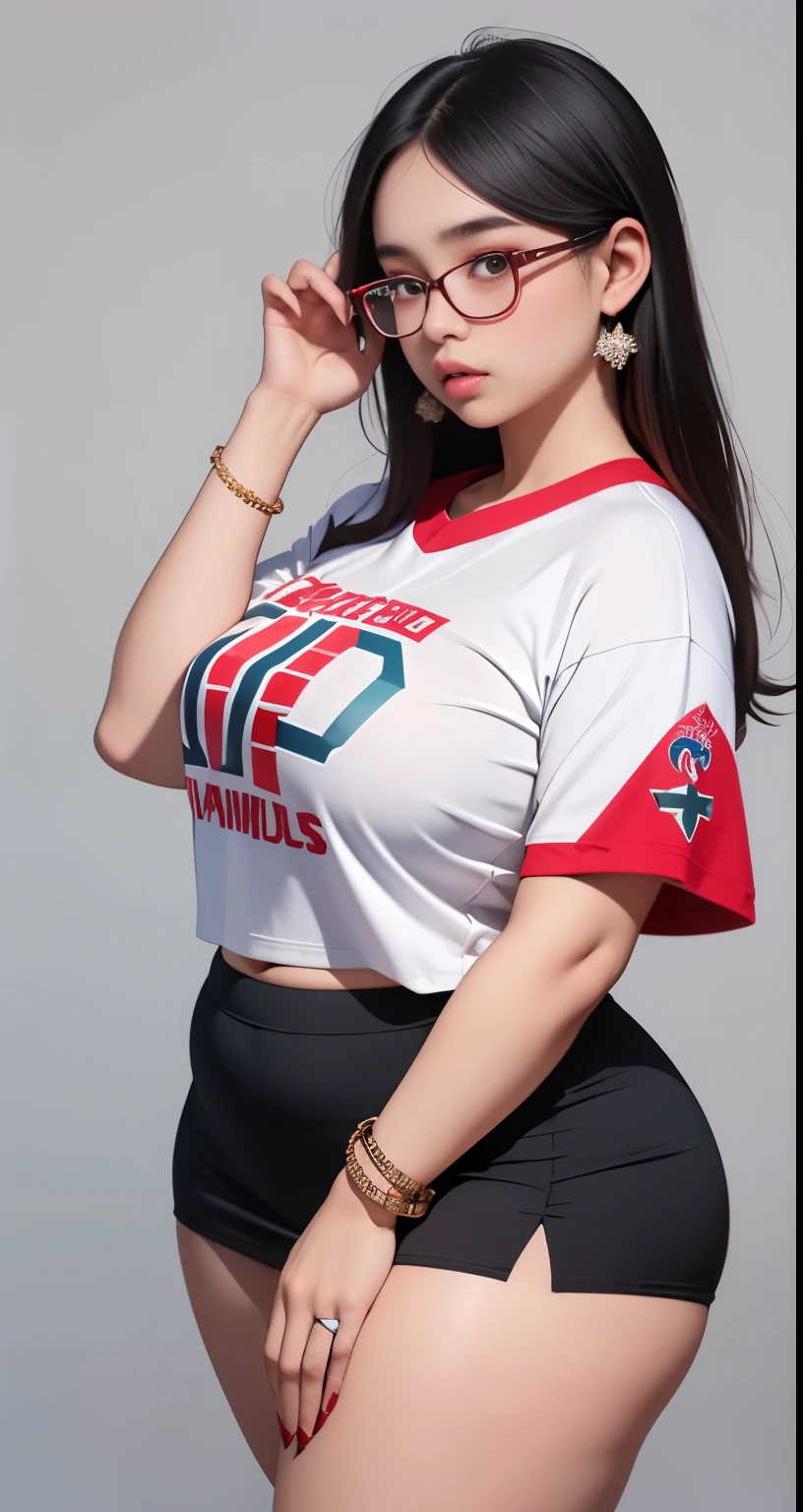 a beautiful 17yo Turki-Indonesia woman, baseball tshirt oversize ,short skirt, detailed, detail body and face., voluptuous body , thick thighs , fat belly , thick hips 