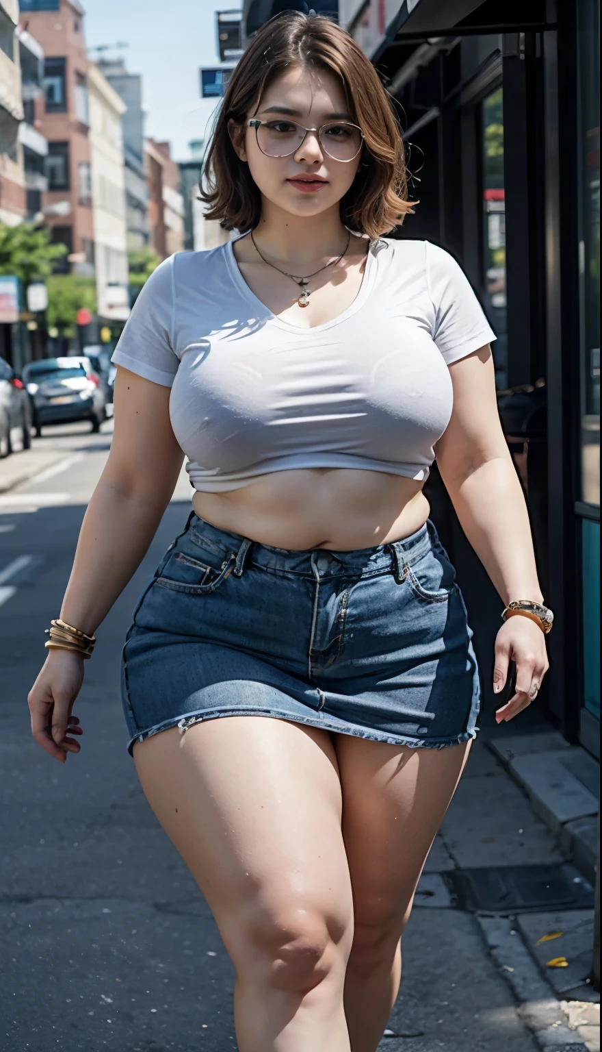 ((best quality)), ((masterpiece)), (detailed), perfect face, araffe woman in a long dark-blue shirt and blue denim skirt walking down a street, thicc,  wavy  short hair , she has a jiggly fat round belly, bbwchan, wearing tight simple clothes, skinny waist and thick hips, widest hips, her belly is fat and round, soft curvy shape, hyperrealistic full figure, wearing a cute top, wide hips, wearing 10 bracelet , wearing huge diamond necklace 
