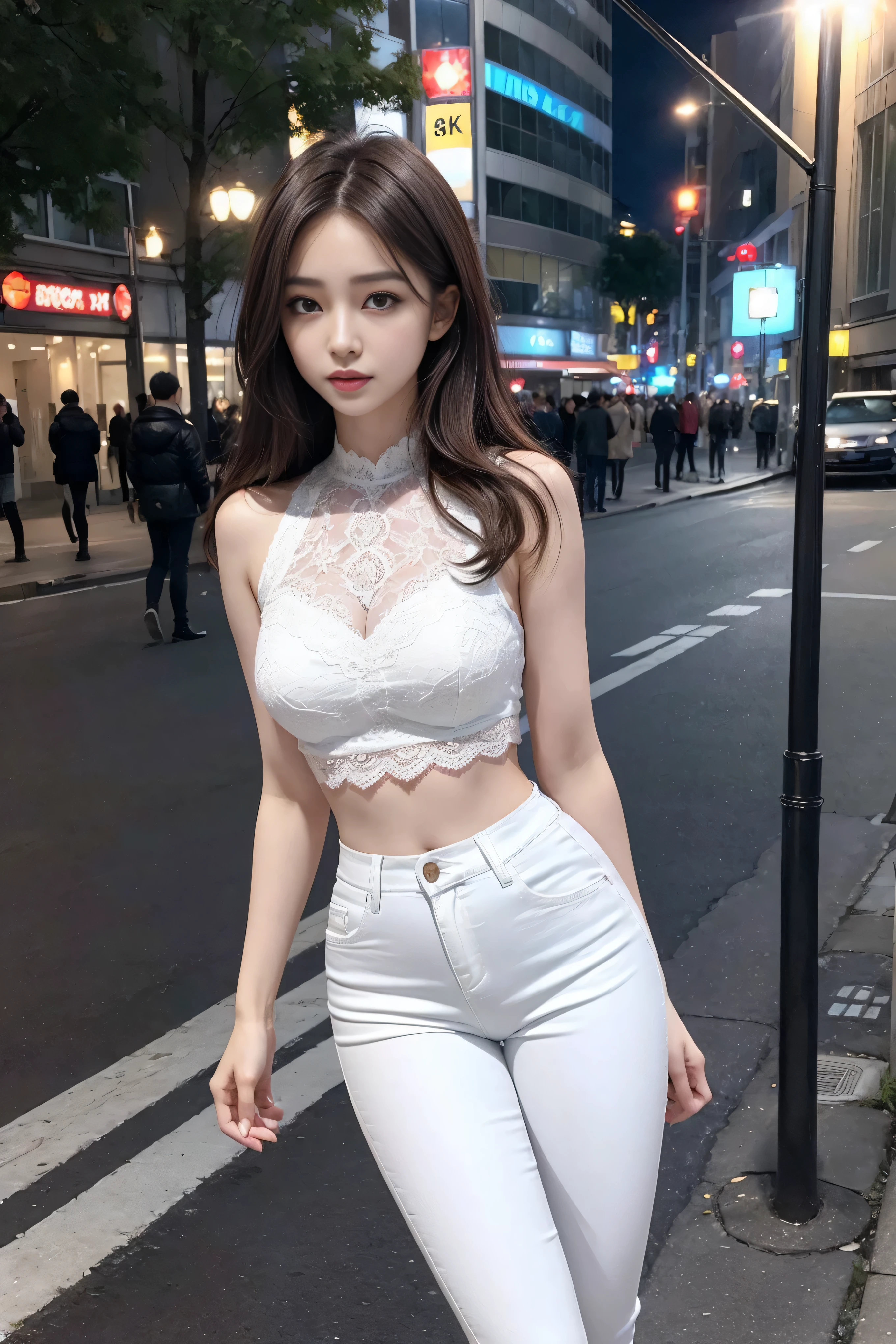 ((Realistic lighting, best quality, 8K, masterpiece:1.3)), lock focus:1.2, 1 girl, Beautiful woman with perfect figure:1.4, : beautiful korean girl, kpop idol,Leg length,(pale skin), (big eyes),(Smile:0.8),(plump sexy lips), complex and detailed face, ((Super delicate skin)),delicate face,Super thin face,narrow eyes,double eyelids,((dark brown hair)), (white lace underwear:1.4),(lure,at night:1.1),Background Shibuya streets,emphasize,Super thin face,narrow eyes,double eyelids,(start from below:1.attitude,(Medium chest:1.2),Sexy long legs, (thigh gap:1.5),wide hips,S-shaped body, Buttocks raised,Leg length,white skinny jeans,Shot from the front,Long over-the-knee leather boots,