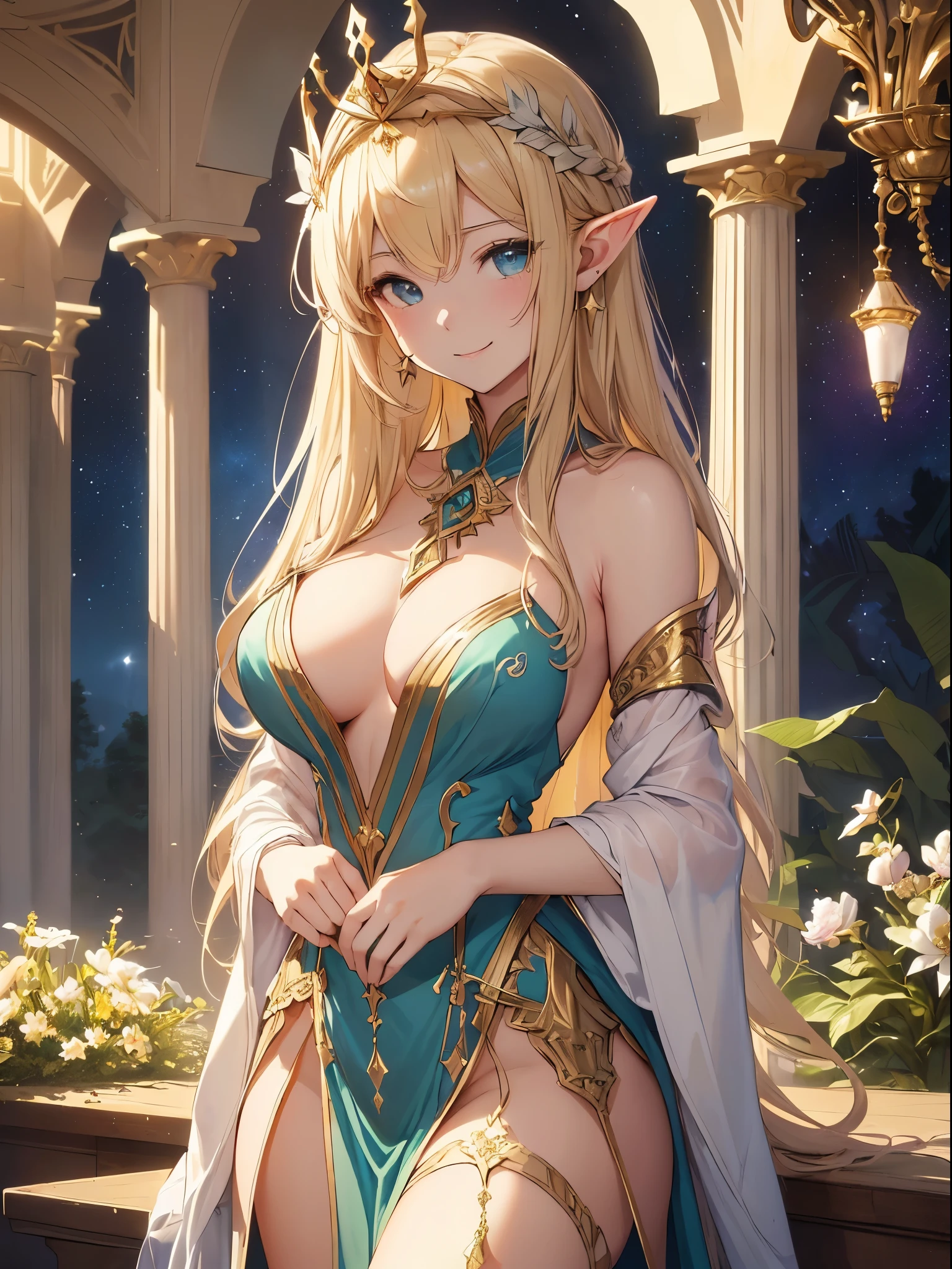 highest quality、Highest image quality、masterpiece、dynamic angle、bold composition、Titania、Super beautiful elf beauty((22 years old OL big bust、bust 90,beautiful long ironed hair、blonde、Height: 165cm。slender、sexy、Esbian、beautiful tiara、night、High quality、美しいart、background((starry ski)))muste piece、ビジュアルart、Depth of the bounds written、、elf ears、光のmagic、universe、A happy smile、gentle light、lanthanum、get lost、、ティッカー美しいdecoration的な、elegant、mystical rosa、 heaven、beautiful dressy、beautiful dress、、giant galaxy、myth、ART、Lord of the Ring、sexy、friendly smile、Fantastic、mysteryの森、in the forest、magicの光、fantasy、flower、super REALITYたくさんの薔薇、magic、Nature、壮大なflower畑、、fantasy、hourglass、decoration、marble columns、gold foil、mysteryの光、Art nouveau、alphonse Mucha、、byzantine art、art、art,mystery,UHD,magicalgentle light,