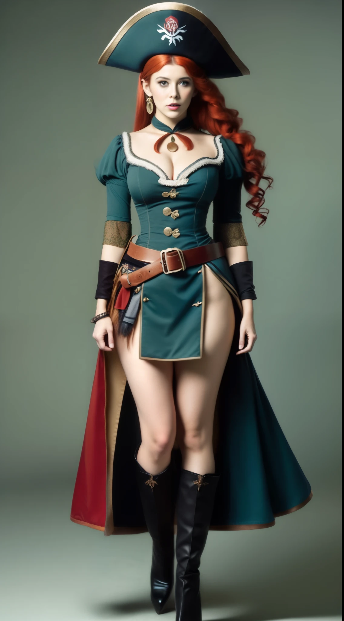 Beautiful redhead woman, pirate clothes, pirate hat, in the style of Zelda, full body view, standing, big breasts