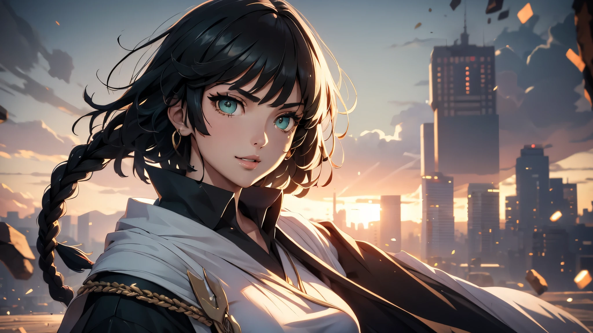 (beautiful 19-year-old Only One girl(Fubuki from One Puch Man)),(model figure),(big breasts),(short haircut,long braid down the back),(Black hair),(smile),(wearing white kimono, heavily torn in some places),(fighting stance),(a gang),(tattoos)。(best quality,4k,8k,highres,masterpiece:1.2),ultra-detailed,(realistic,photorealistic,photo-realistic:1.37),HDR,UHD,studio lighting,ultra-fine painting,sharp focus,physically-based rendering,extreme detail description,professional,vivid colors,bokeh,concept artists