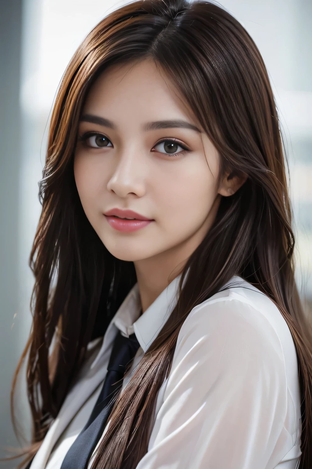 masterpiece, highest quality, realistic, Super detailed, attention to detail, High resolution, 8k wallpaper, one beautiful woman,, light brown messy hair, wearing a business suit, sharp focus, perfect dynamic composition, beautiful and detailed eyes, thin hair, Detailed realistic skin texture, smile, close-up portrait, model body shape