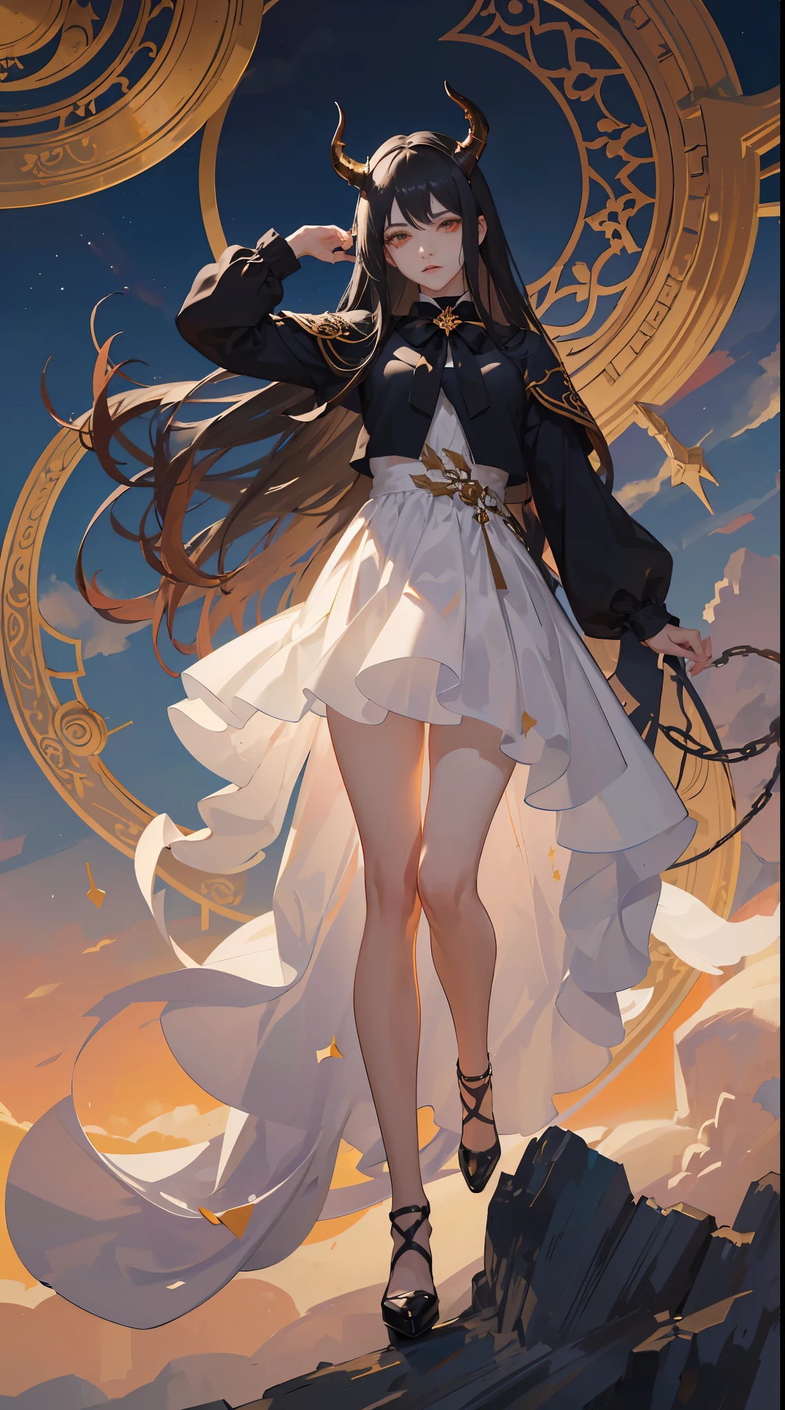 Seven Rhaeyar, Ancient Star goddess, Perfect female anatomy (Adult Female, 166cm in height, pale skin, slim, slender, 34D breast size, Dark Orange Eyes with beautiful details, Long Straight Black Hair, Beauty Mark Mole on right cheek bone, a set of black horns on her head), Neutral facial expression, Elegant white dress with black bow tie, blue coat knee length, dragon motifs, gold and rope accessories, View of the open blue sky with only clouds, receiving light from the front, Ethereal glow