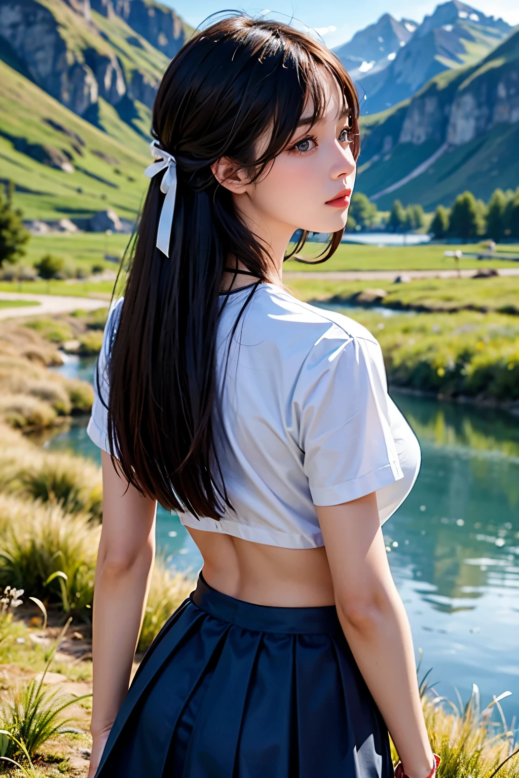 ((Lying on a flower field:1.3, Lying on your back:1.3)), ((Shot from above)), (One girl), (Short Hair), Twin tails, Brown Hair, Chi Bangs, Carly, Maid, flight, (((White sailor suit and short skirt))), Pink ribbon, (Beautiful breasts), ((A perfect 8-head-tall beautiful girl)), ((, Beautiful school girl, Idol Face)), (Beautiful thighs), (Small beautiful butt:1.4), (Detailed eyes and face:1.3), (Detailed hands and legs:1.4), (Perfect Anatomy:1.4), (highest quality, 8k, masterpiece:1.2), (Photorealistic:1.5), (Gaze at the viewer:1.2), (Professional Lighting), (Accurate Shadows:1.2), (Sexy black underwear can be seen from under the skirt:1.3)