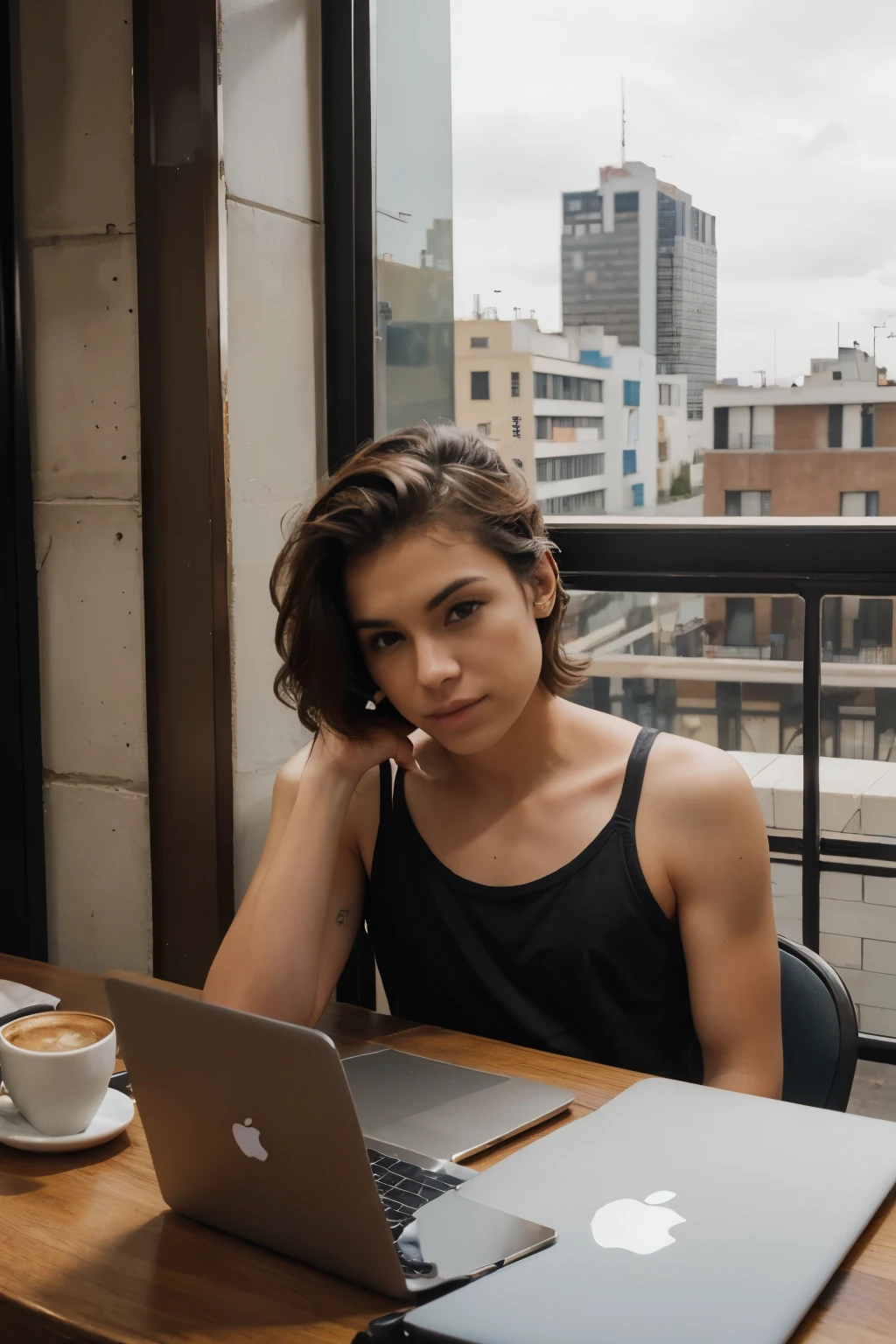 La palabra del hombre con pelo corto de negocios en un macbook., in front of a big city while having a coffee, con la foto de fece lin