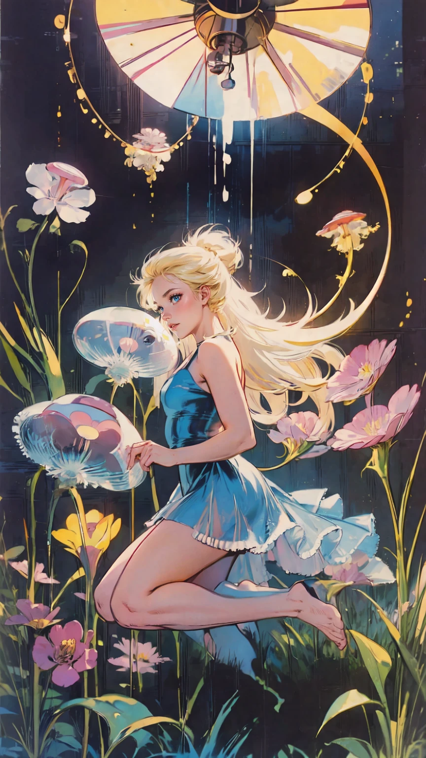 "(best quality,highres:1.2),ultra-detailed,realistic,photorealistic:1.37,Alice in Wonderland,girl with blonde hair and blue dress,curious expression,huge tea party in a magical garden,crazy colorful mushrooms and flowers,talking white rabbit with pocket watch,enchanted playing cards flying in the air,Cheshire Cat disappearing and reappearing,Grand clock tower showing time,whimsical and dreamlike atmosphere,impressive illustrations,pastel color palette,magical lighting effects"