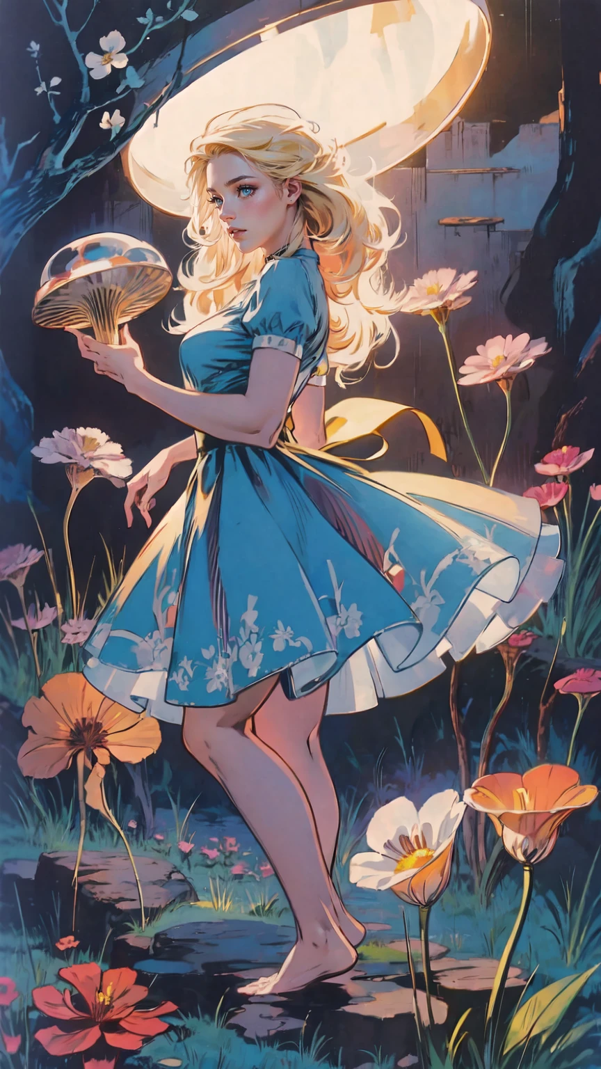 "(best quality,highres:1.2),ultra-detailed,realistic,photorealistic:1.37,Alice in Wonderland,girl with blonde hair and blue dress,curious expression,huge tea party in a magical garden,crazy colorful mushrooms and flowers,talking white rabbit with pocket watch,enchanted playing cards flying in the air,Cheshire Cat disappearing and reappearing,Grand clock tower showing time,whimsical and dreamlike atmosphere,impressive illustrations,pastel color palette,magical lighting effects"