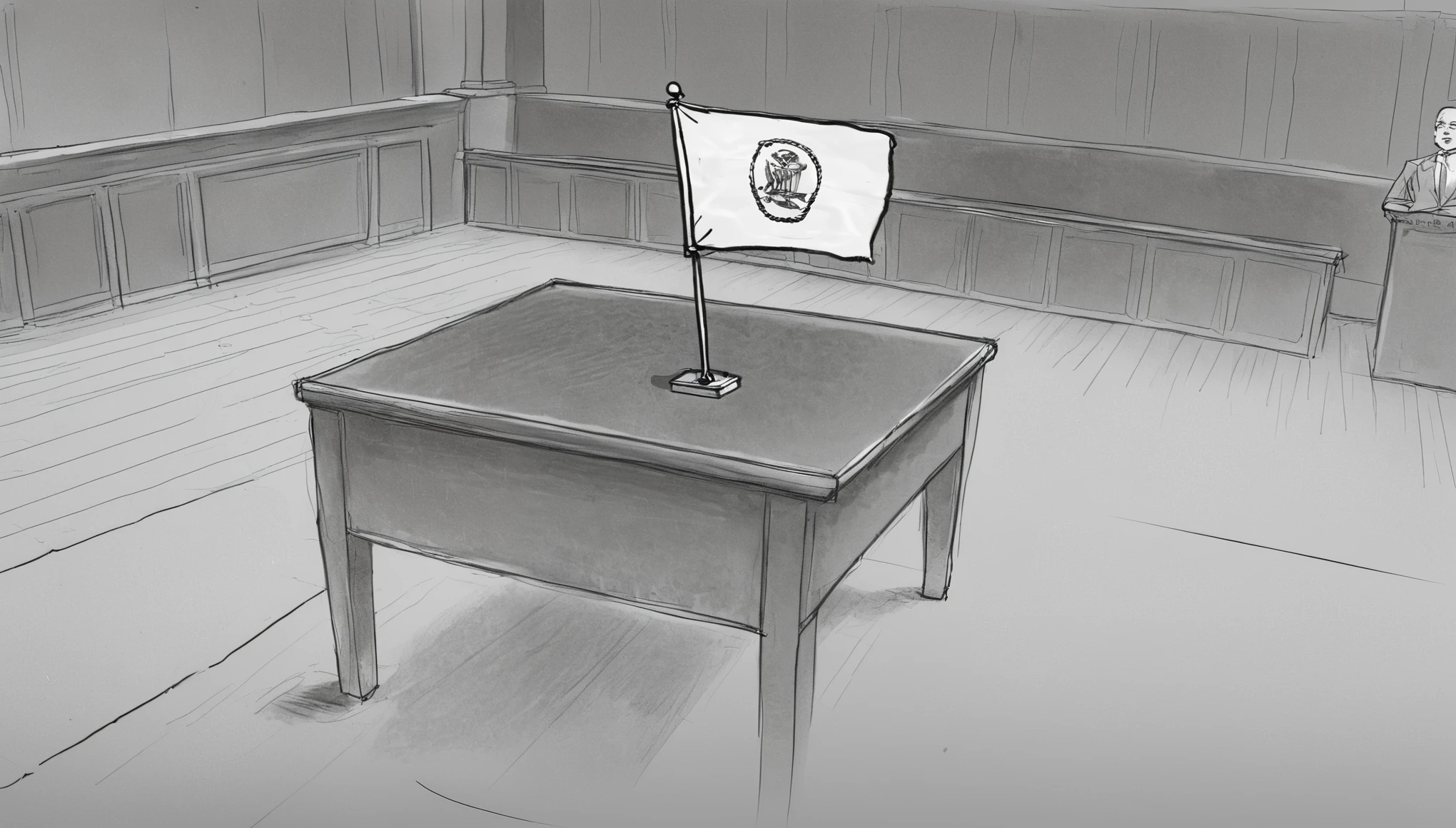 storyboard sketch:in court,The camera looks down into the dock,A small white flag was raised from under the dock table。