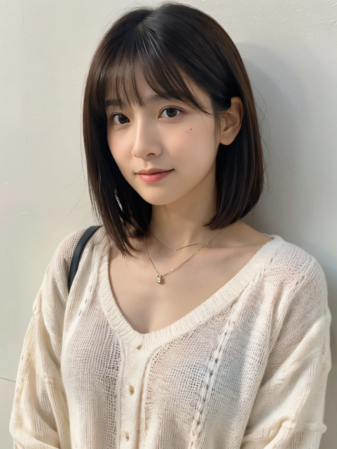 (Highly realistic photos, High resolution, detailed face, fine eyes), ((Taken in front of a white wall))、japanese woman, 40 years old, various expressions, alone:1, slim figure, different hairstyles, casual clothes, Only one person appears in the photo、long sleeve dress、black clothes、Photographed in natural light、simple necklace、spring clothes、don&#39;t look at the camera、profile、bob hair