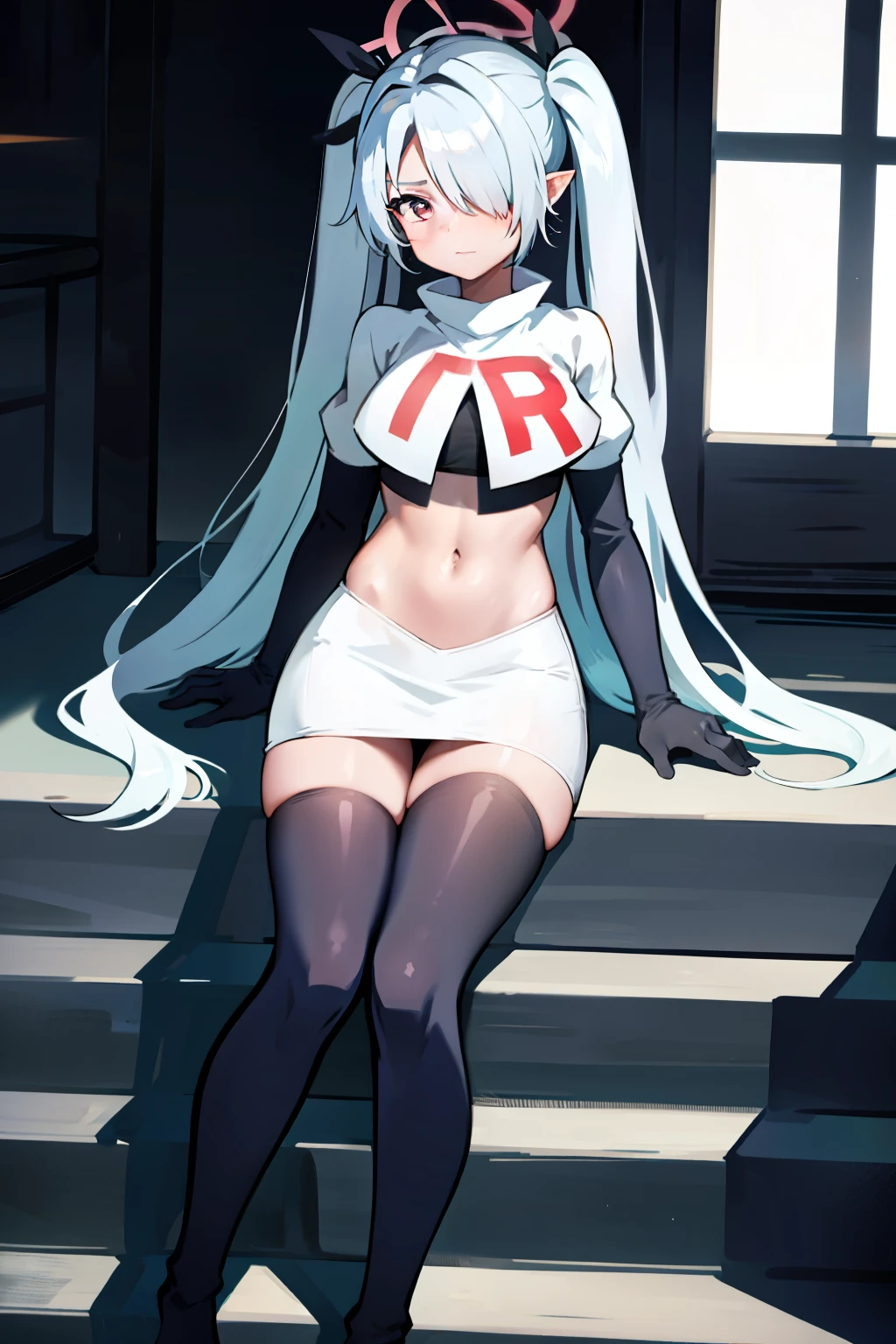 (masterpiece), 1girl, hair over one eye,magical world, shiny steps, beautiful sky, stars, jupiter, ioridef, team rocket,team rocket uniform, red letter R, white skirt,white crop top,black thigh-highs, black elbow gloves