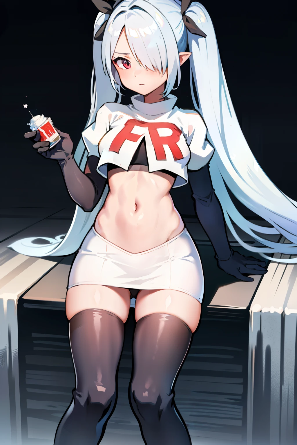(masterpiece), 1girl, hair over one eye,magical world, shiny steps, beautiful sky, stars, jupiter, ioridef, team rocket,team rocket uniform, red letter R, white skirt,white crop top,black thigh-highs, black elbow gloves