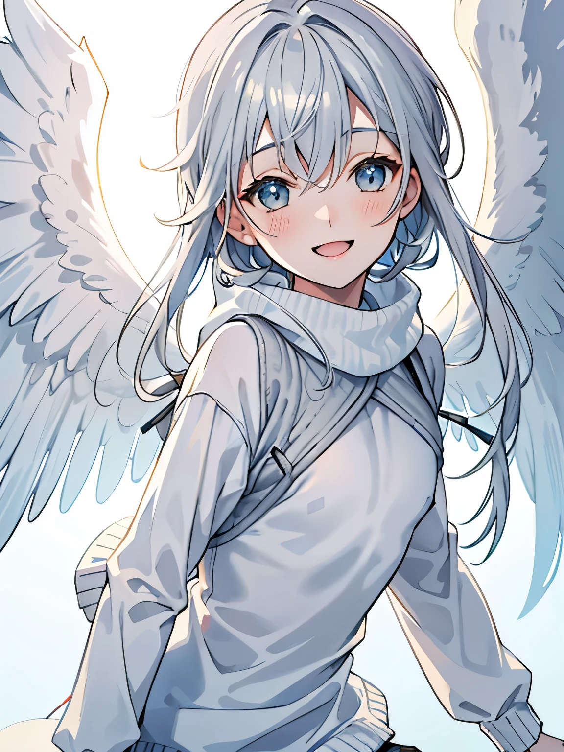((male)),(small breasts:1.3),((women's clothing:1.2)),knitted winter clothes,close up of face,((high resolution)),modest smile,shopping,Going out on a date,(white, yellow, light blue and gray),(angel wings)