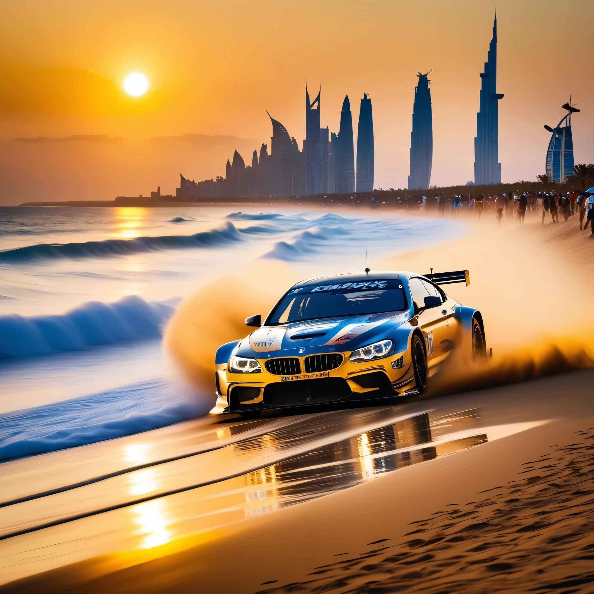 beach racing ，sunset，Golden light enveloped the entire venue，The beach is crowded with tourists，They enjoy time under colorful umbrellas，Watch high-speed cars speed by，Racing design fashion，aerodynamics，Huge air intake，Curvy，Speeding on the sand，kicking up dust and grit，The roar of engines and squealing tires echoed throughout the venue，The perfect blend of speed and passion，It's like you're in it，Experience this level of speed feast，Burj Khalifa in the background、The natural beauty of Cuba and the rugged landscape of Iceland，global experience，Artwork full of energy and passion，Make the audience feel like they are in another world full of adrenaline。
