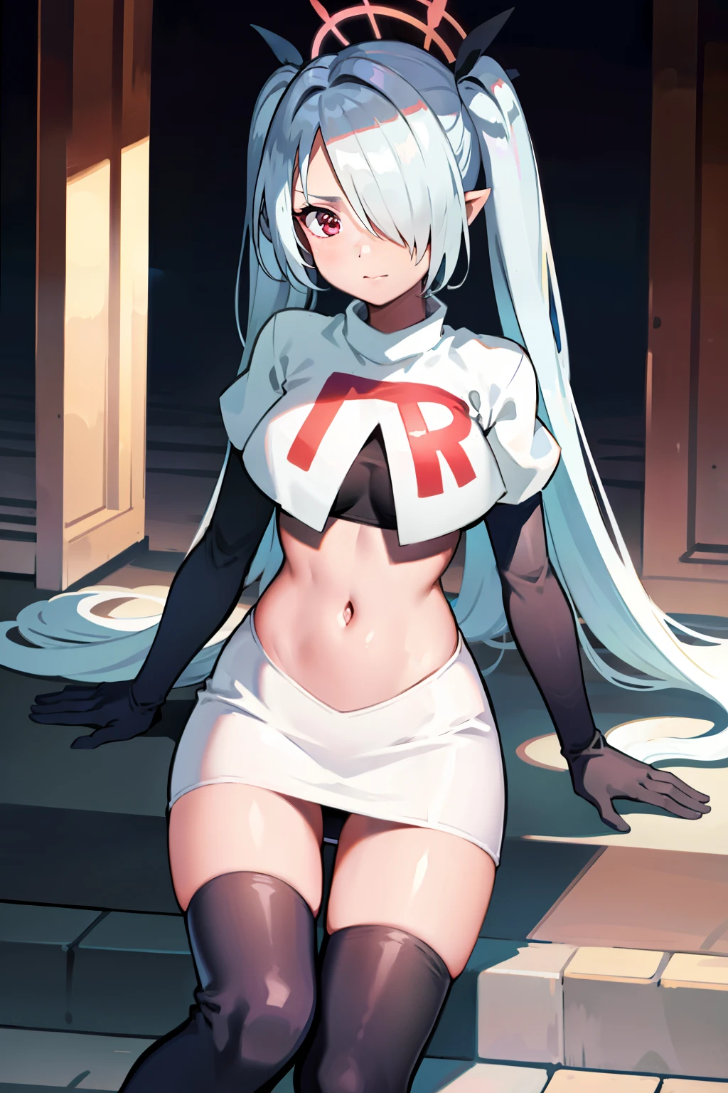 (masterpiece), 1girl, hair over one eye,magical world, shiny steps, beautiful sky, stars, jupiter, ioridef, team rocket,team rocket uniform, red letter R, white skirt,white crop top,black thigh-highs, black elbow gloves