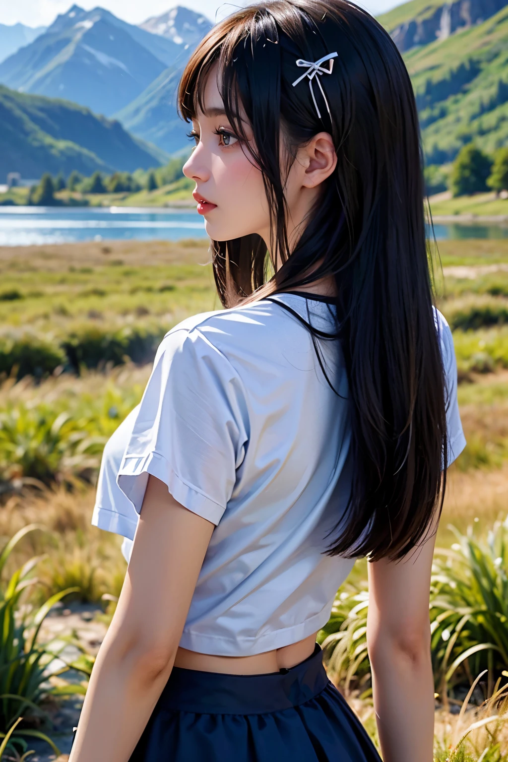 European face, Straight straight hair, hair bang, ribbon hair pin, ideal tits, cropped t-shirts, stomach skirt, mountain grass lake background, Shoot chest focus, back view, aesthetic, photography