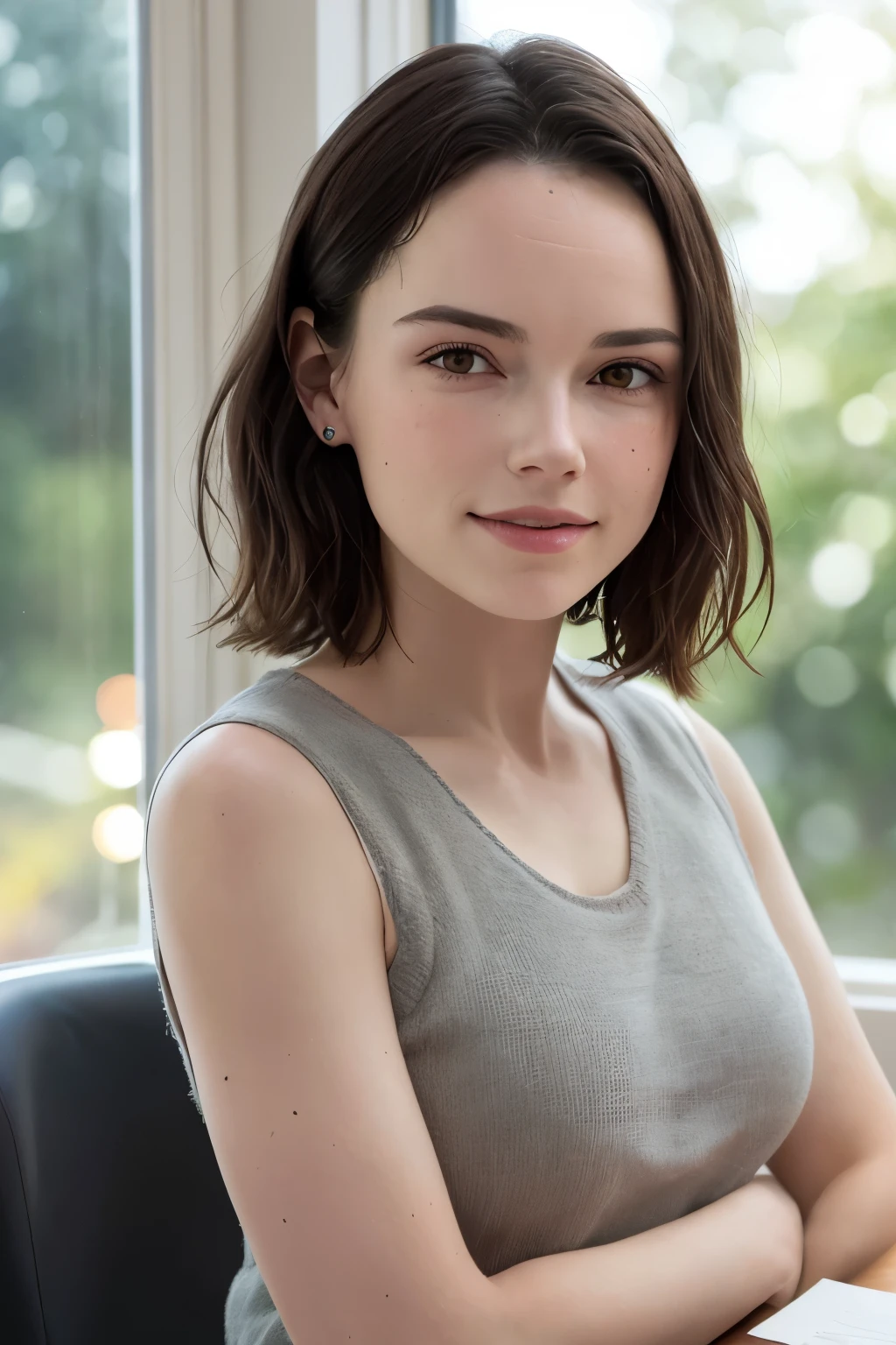 1 garota com o rosto da Daisy Ridley com o busto bem maior e bem volumoso , mature female, vest, arco, foto, Realista, melhor qualidade, contrata, rosto detalhado, Desk, window buildings, fundo detalhado, luz solar difusa, profundidade de campo, bokeh