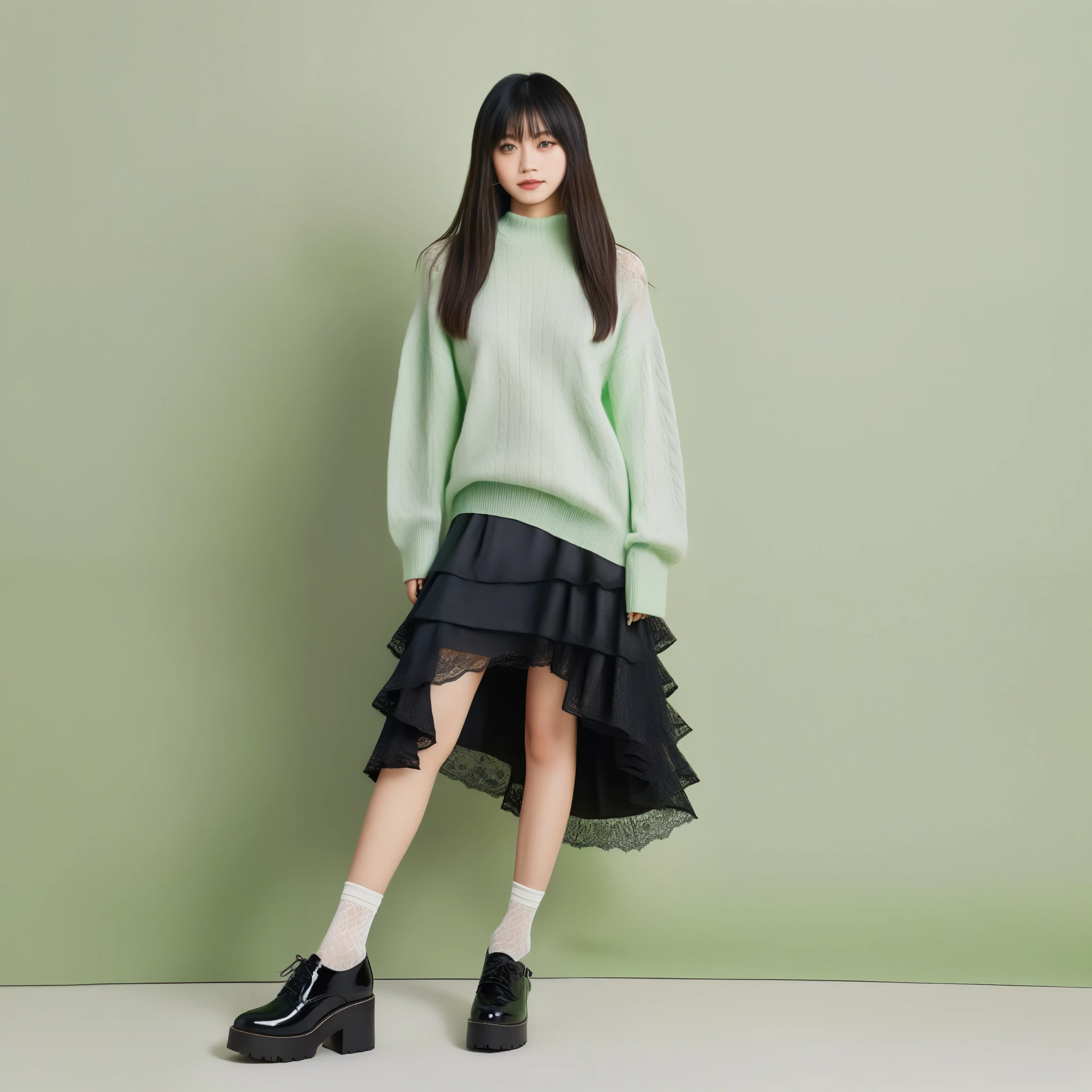 Advertising poster style cinematic photo a photo realistic (full body:1.3) of a long hair young japanese woman with bangs against a soft light green clean background, she's in silver pique Jacquard oversized sweater with Asymmetrical Skirt: Uneven hemline, longer on one side than the other.. She wears (classic black heeled shoes:1.4) with ribbon laces, over (white frilly socks with a delicate lace edge:1.4).