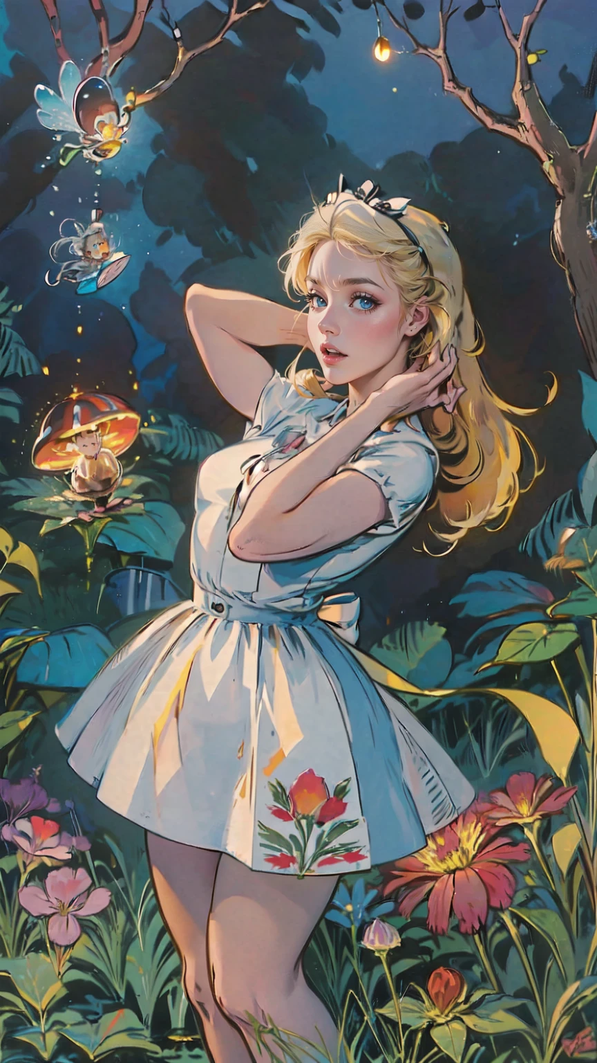 (best quality,4k,8k,highres,masterpiece:1.2),ultra-detailed,(realistic,photorealistic,photo-realistic:1.37),beautiful detailed eyes,beautiful detailed lips,extremely detailed eyes and face,longeyelashes,portrait chest, Alice in wonderland,curious girl in a colorful fantasy world,bright and vibrant color palette,fairy tale atmosphere,magical and dreamlike environment,giant mushrooms and talking animals,floating tea party in the sky,enchanted garden with whimsical flowers and plants,mysterious rabbit hole leading to an underground realm,waving grass and sparkling fireflies,butterflies dancing around Alice,illuminated by soft sunlight filtering through trees,floating clocks and playing cards in the air,curiouser and curiouser expressions on the characters' faces,playful and mischievous Cheshire Cat,drink-me bottles and eat-me cakes with magical effects,nonsensical and whimsical elements throughout the scene,exploration and adventure as Alice discovers new wonders,storybook-like illustrations with a painterly style,storybook illustration,watercolor medium-inspired,impressionistic brushstrokes,pastel color tones with pops of vibrant hues
