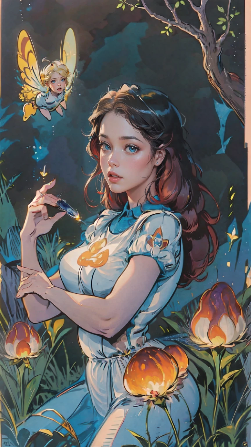 (best quality,4k,8k,highres,masterpiece:1.2),ultra-detailed,(realistic,photorealistic,photo-realistic:1.37),beautiful detailed eyes,beautiful detailed lips,extremely detailed eyes and face,longeyelashes,portrait chest, Alice in wonderland,curious girl in a colorful fantasy world,bright and vibrant color palette,fairy tale atmosphere,magical and dreamlike environment,giant mushrooms and talking animals,floating tea party in the sky,enchanted garden with whimsical flowers and plants,mysterious rabbit hole leading to an underground realm,waving grass and sparkling fireflies,butterflies dancing around Alice,illuminated by soft sunlight filtering through trees,floating clocks and playing cards in the air,curiouser and curiouser expressions on the characters' faces,playful and mischievous Cheshire Cat,drink-me bottles and eat-me cakes with magical effects,nonsensical and whimsical elements throughout the scene,exploration and adventure as Alice discovers new wonders,storybook-like illustrations with a painterly style,storybook illustration,watercolor medium-inspired,impressionistic brushstrokes,pastel color tones with pops of vibrant hues
